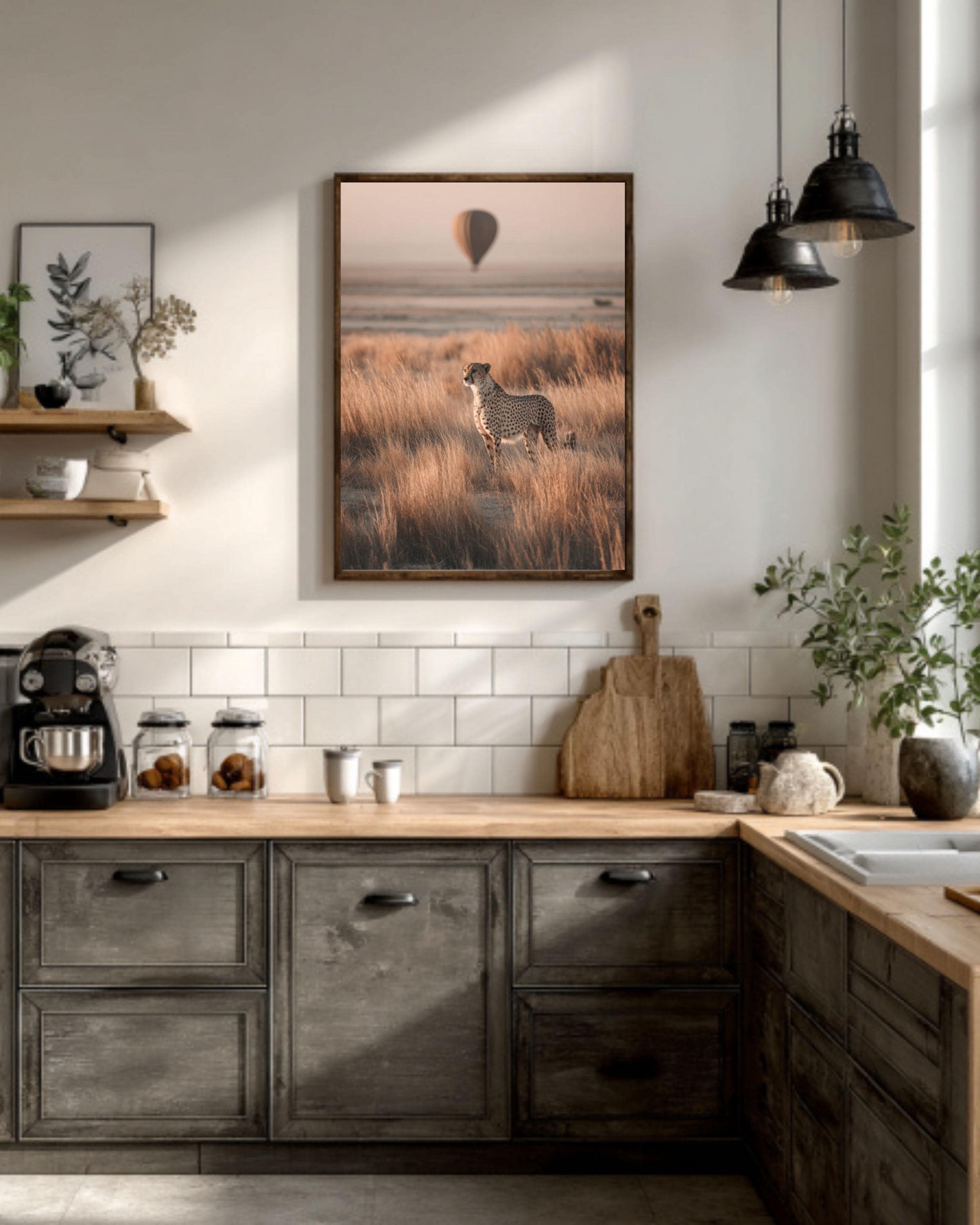 Cheetah and Hot Air Balloon Wall Art – Beige Safari Landscape Canvas