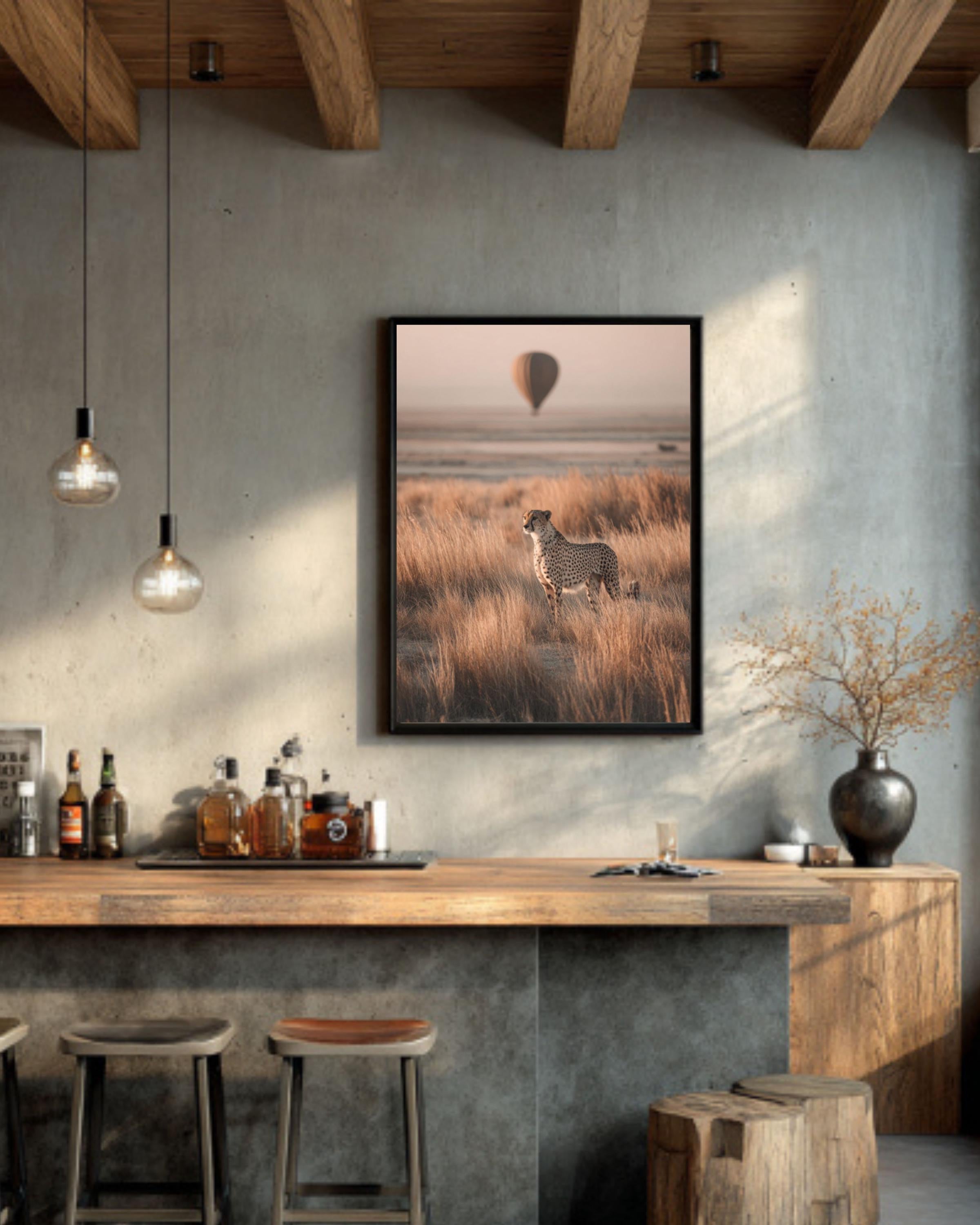 Cheetah and Hot Air Balloon Wall Art – Beige Safari Landscape Canvas
