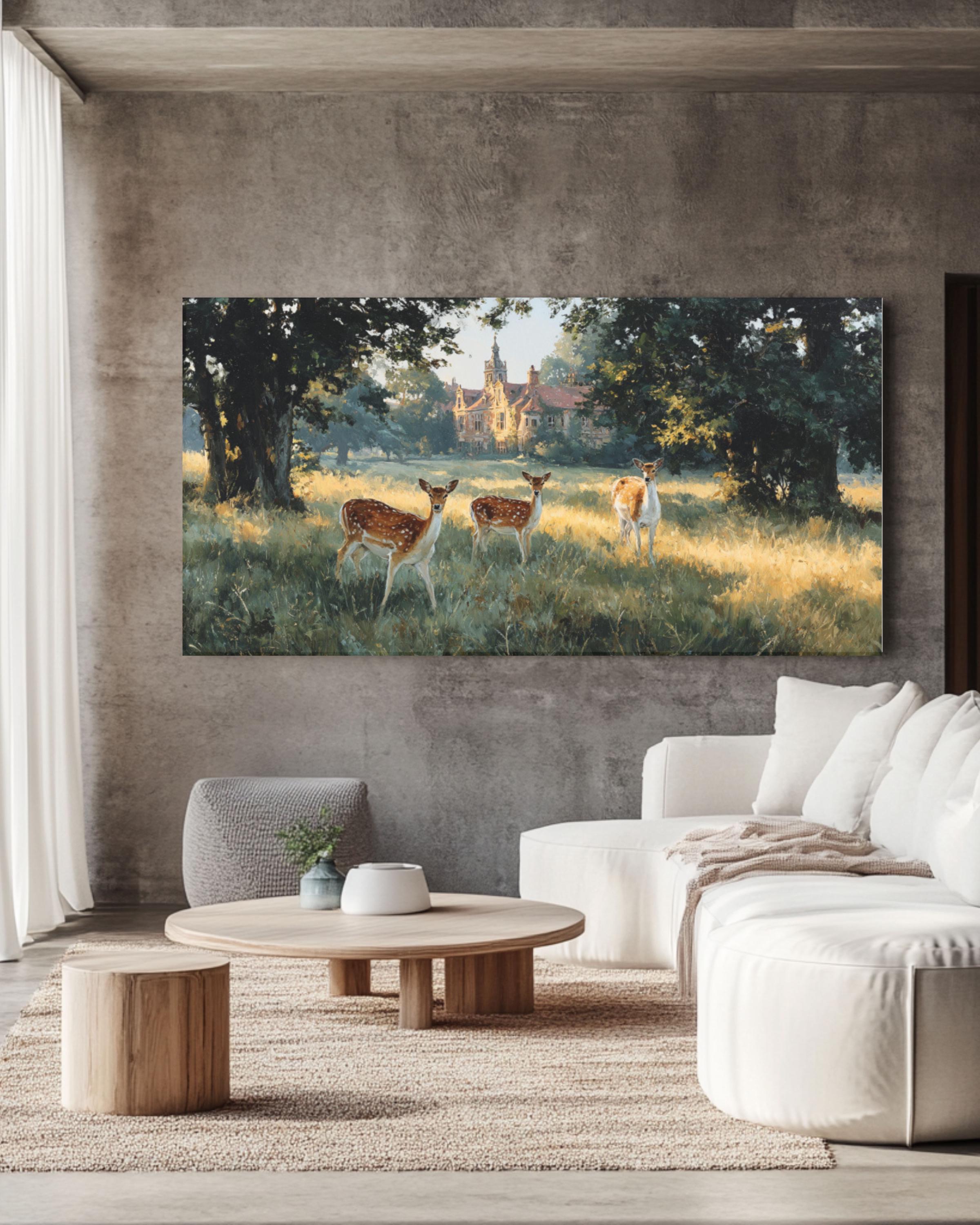 English Countryside Deer Canvas Wall Art – Manor-Inspired Oil Painting Decor