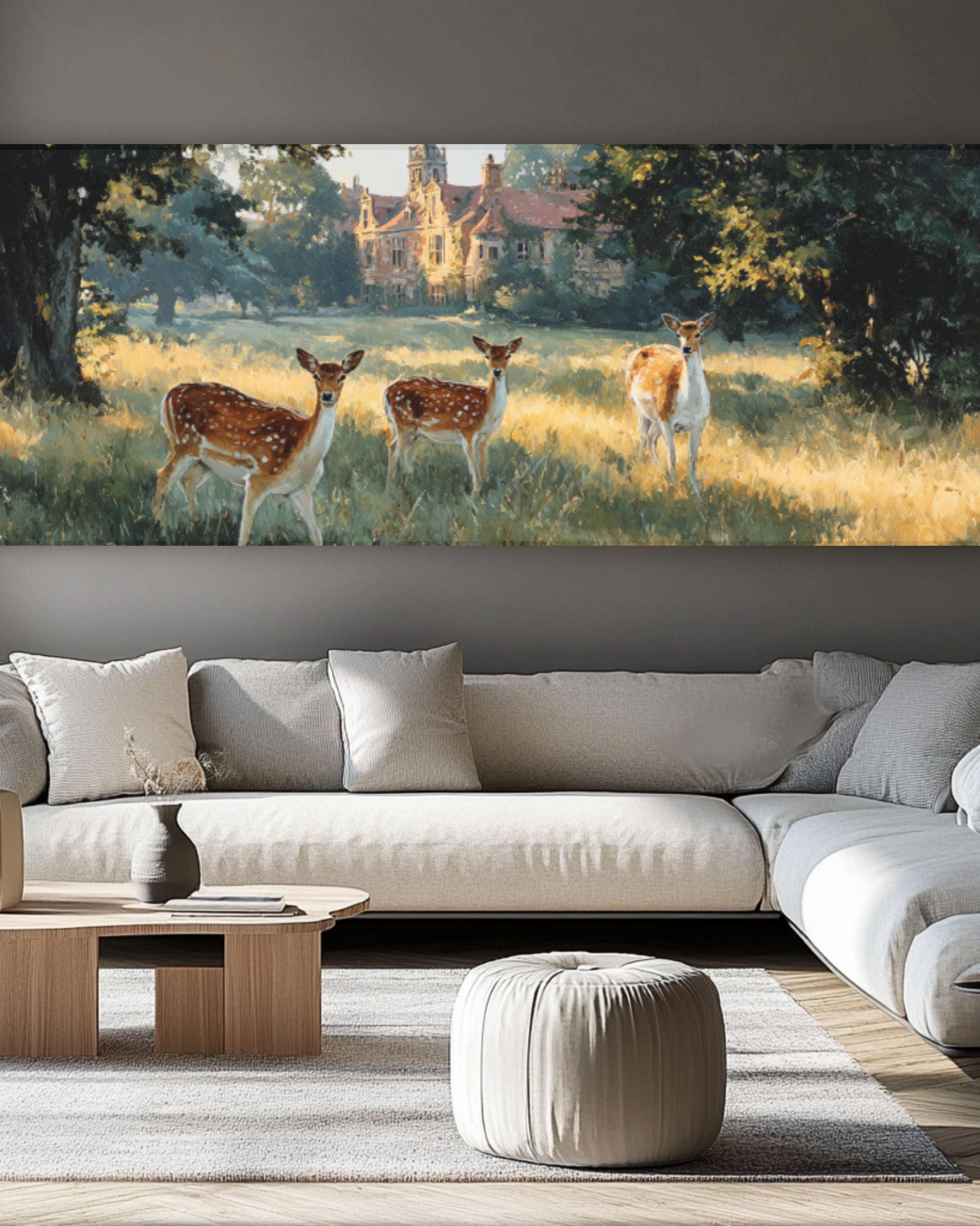 English Countryside Deer Canvas Wall Art – Manor-Inspired Oil Painting Decor