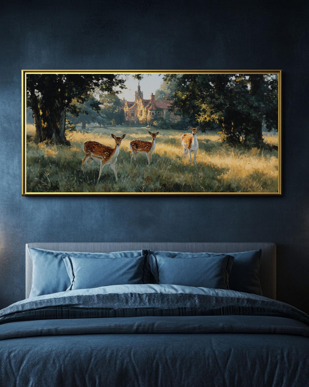English Countryside Deer Canvas Wall Art – Manor-Inspired Oil Painting Decor