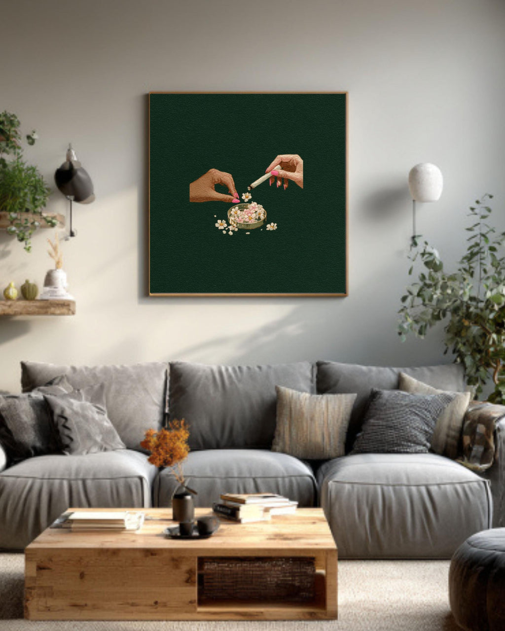 Hands with Ashtray Art Print â€“ Tove Jansson Style, Dark Green Canvas Wall Art Print – Premium Home Decor