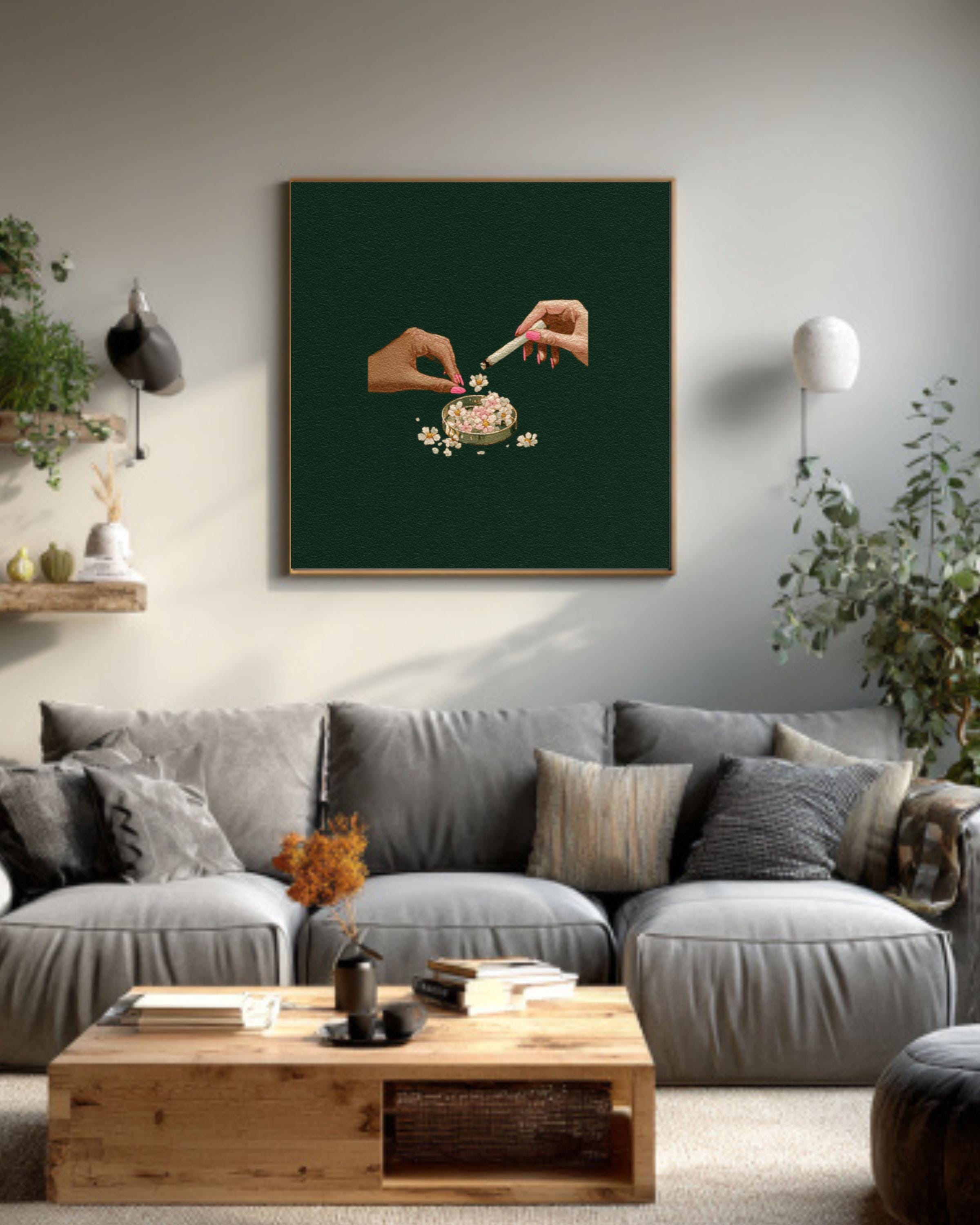 Hands with Ashtray Art Print â€“ Tove Jansson Style, Dark Green Canvas Wall Art Print – Premium Home Decor