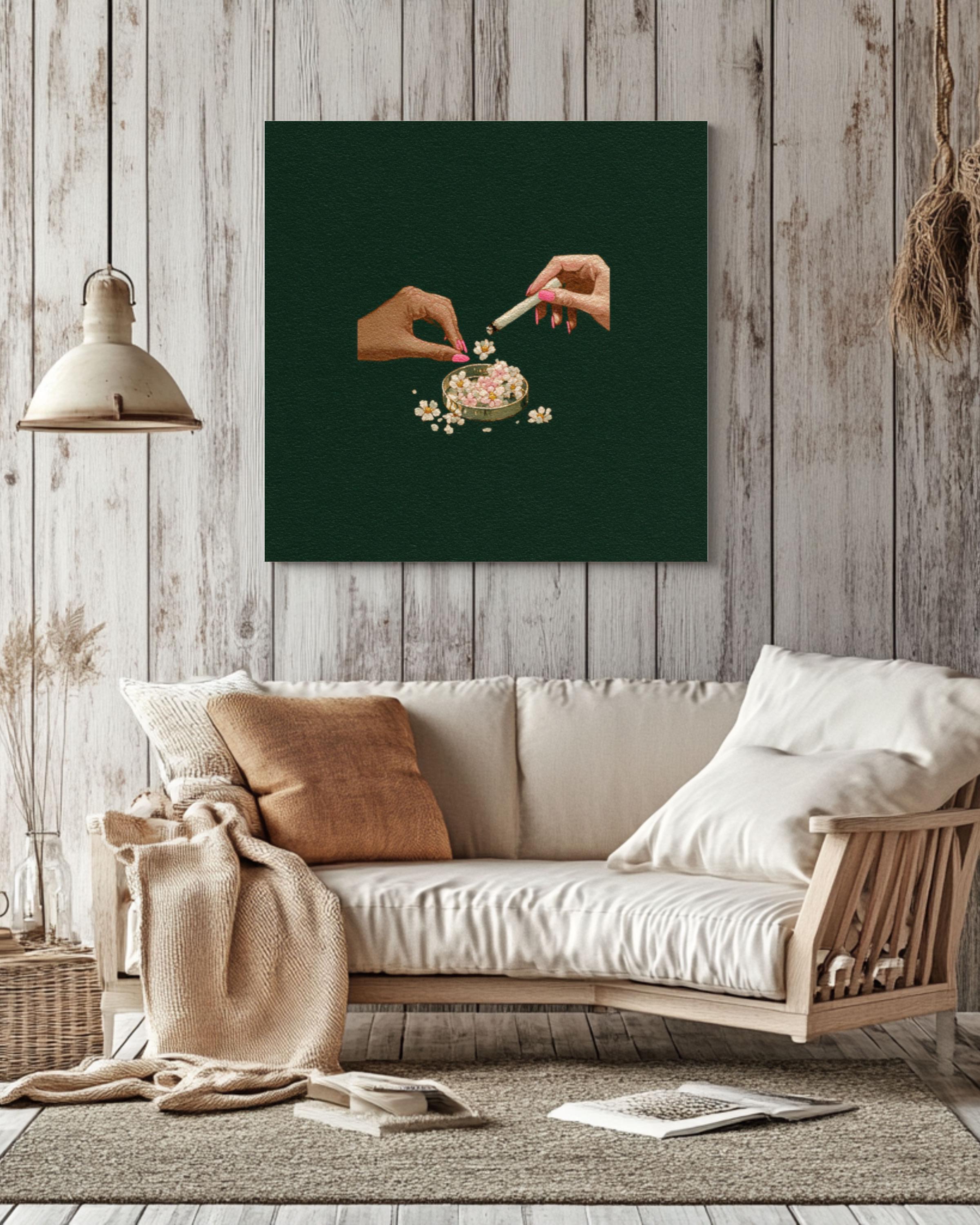 Hands with Ashtray Art Print â€“ Tove Jansson Style, Dark Green Canvas Wall Art Print – Premium Home Decor