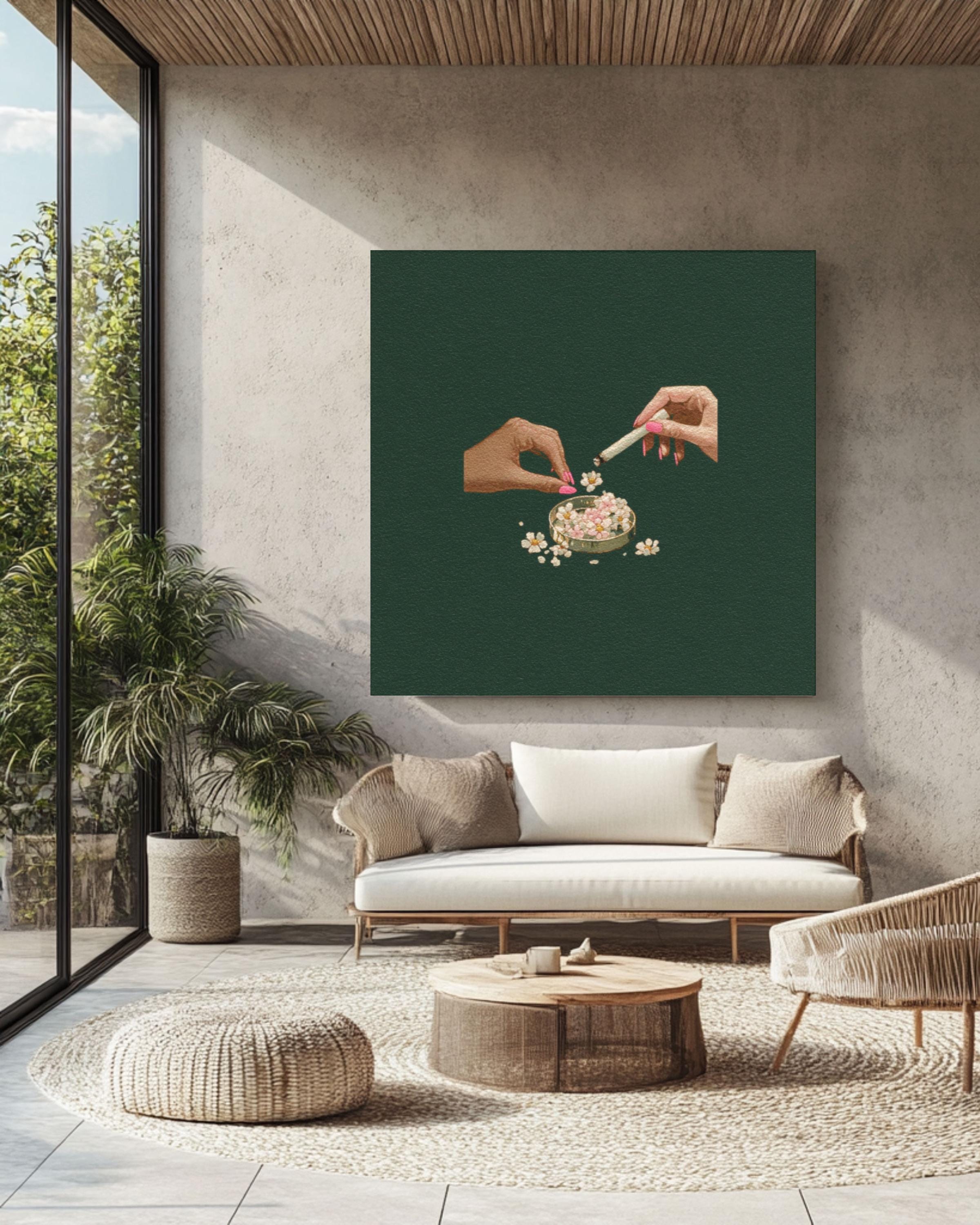 Hands with Ashtray Art Print â€“ Tove Jansson Style, Dark Green Canvas Wall Art Print – Premium Home Decor