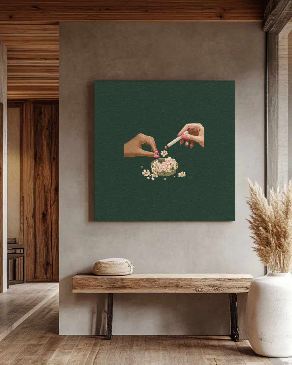 Hands with Ashtray Art Print â€“ Tove Jansson Style, Dark Green Canvas Wall Art Print – Premium Home Decor