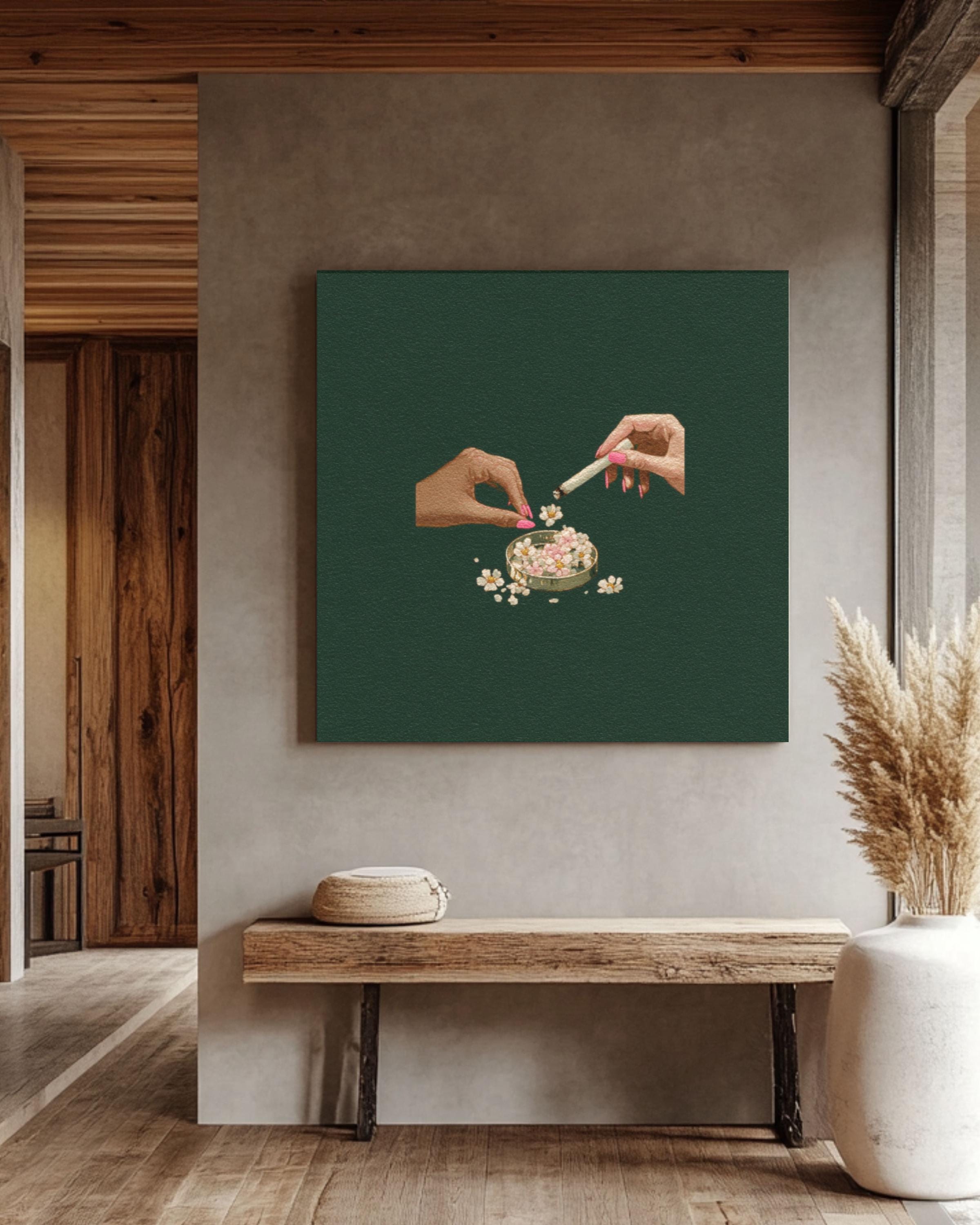 Hands with Ashtray Art Print â€“ Tove Jansson Style, Dark Green Canvas Wall Art Print – Premium Home Decor