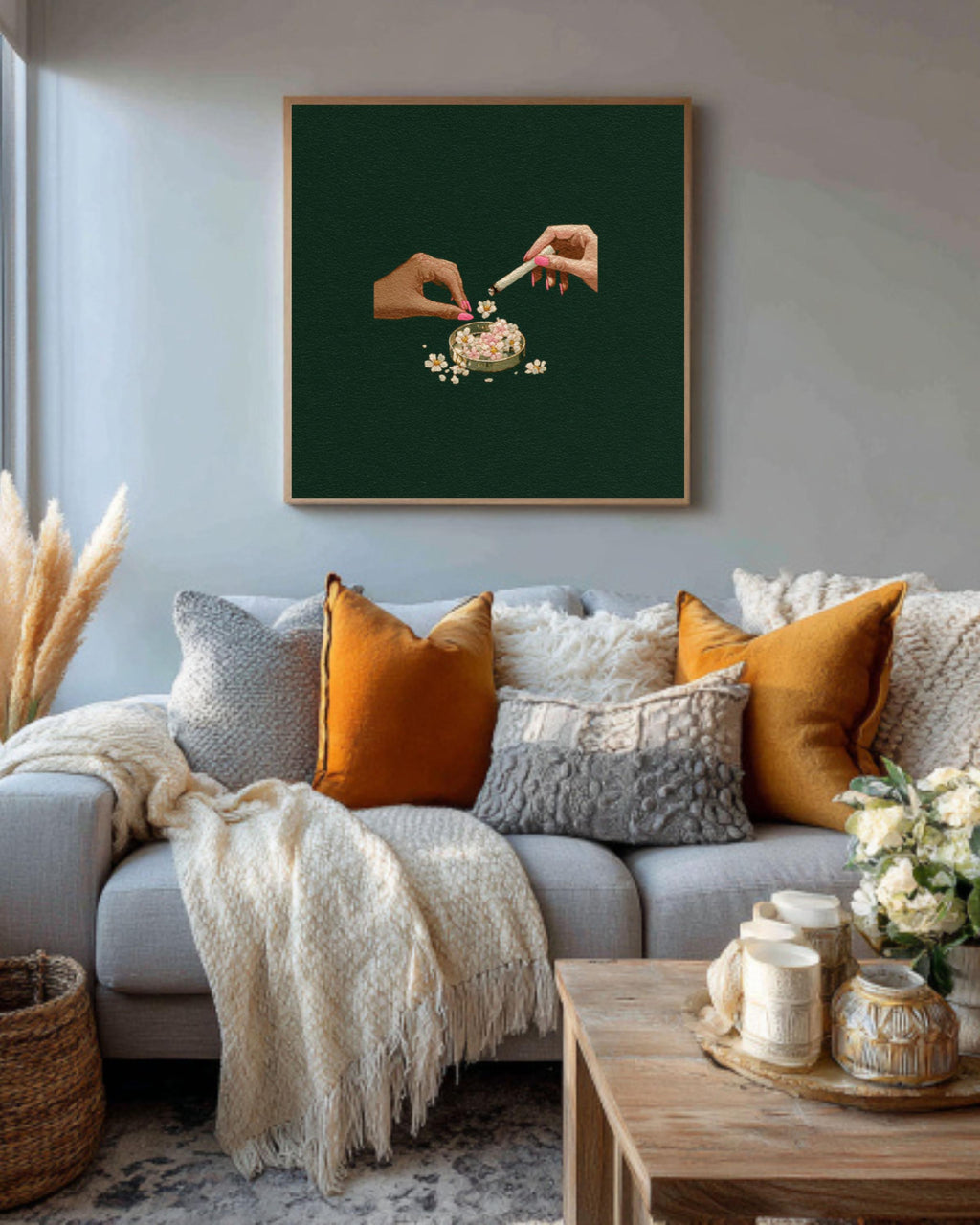 Hands with Ashtray Art Print â€“ Tove Jansson Style, Dark Green Canvas Wall Art Print – Premium Home Decor