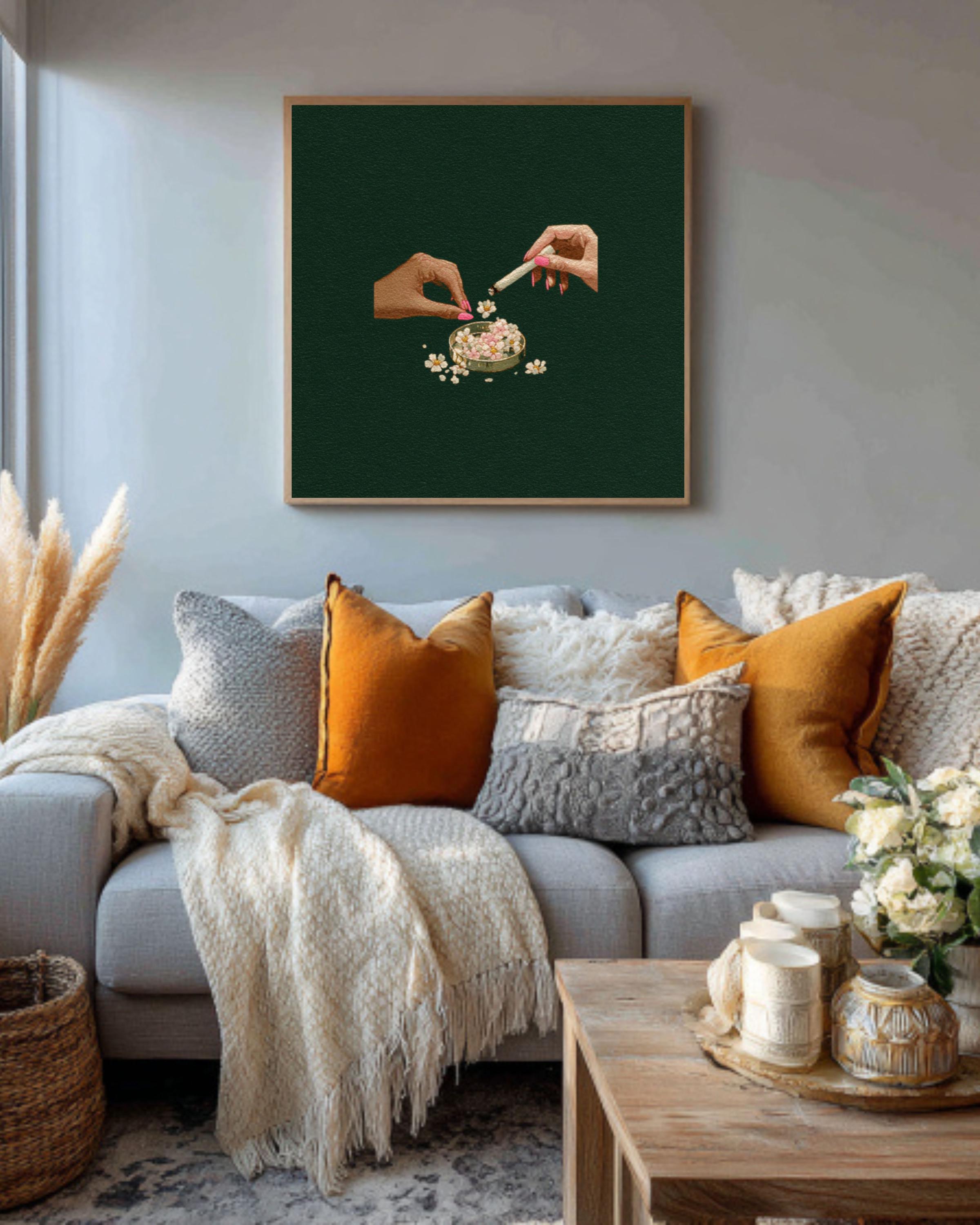 Hands with Ashtray Art Print â€“ Tove Jansson Style, Dark Green Canvas Wall Art Print – Premium Home Decor