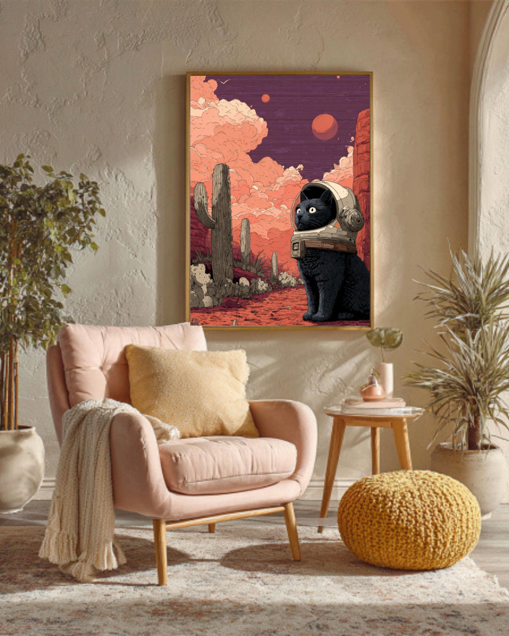 Black Cat Astronaut Art Print â€“ Cosmic Desert Illustration Canvas Wall Art Print – Premium Home Decor