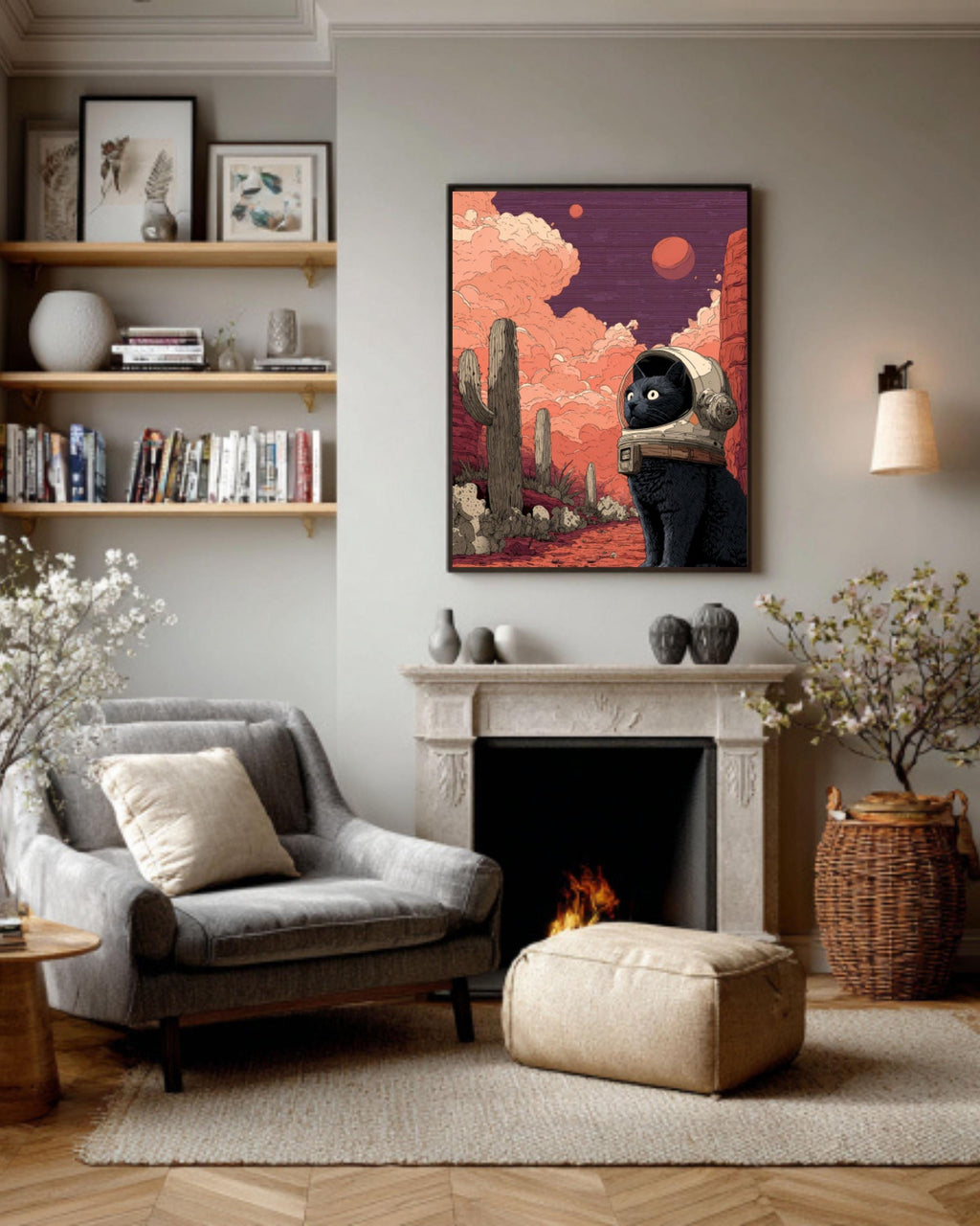 Black Cat Astronaut Art Print â€“ Cosmic Desert Illustration Canvas Wall Art Print – Premium Home Decor