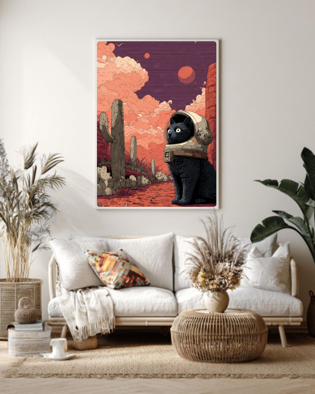 Black Cat Astronaut Art Print â€“ Cosmic Desert Illustration Canvas Wall Art Print – Premium Home Decor