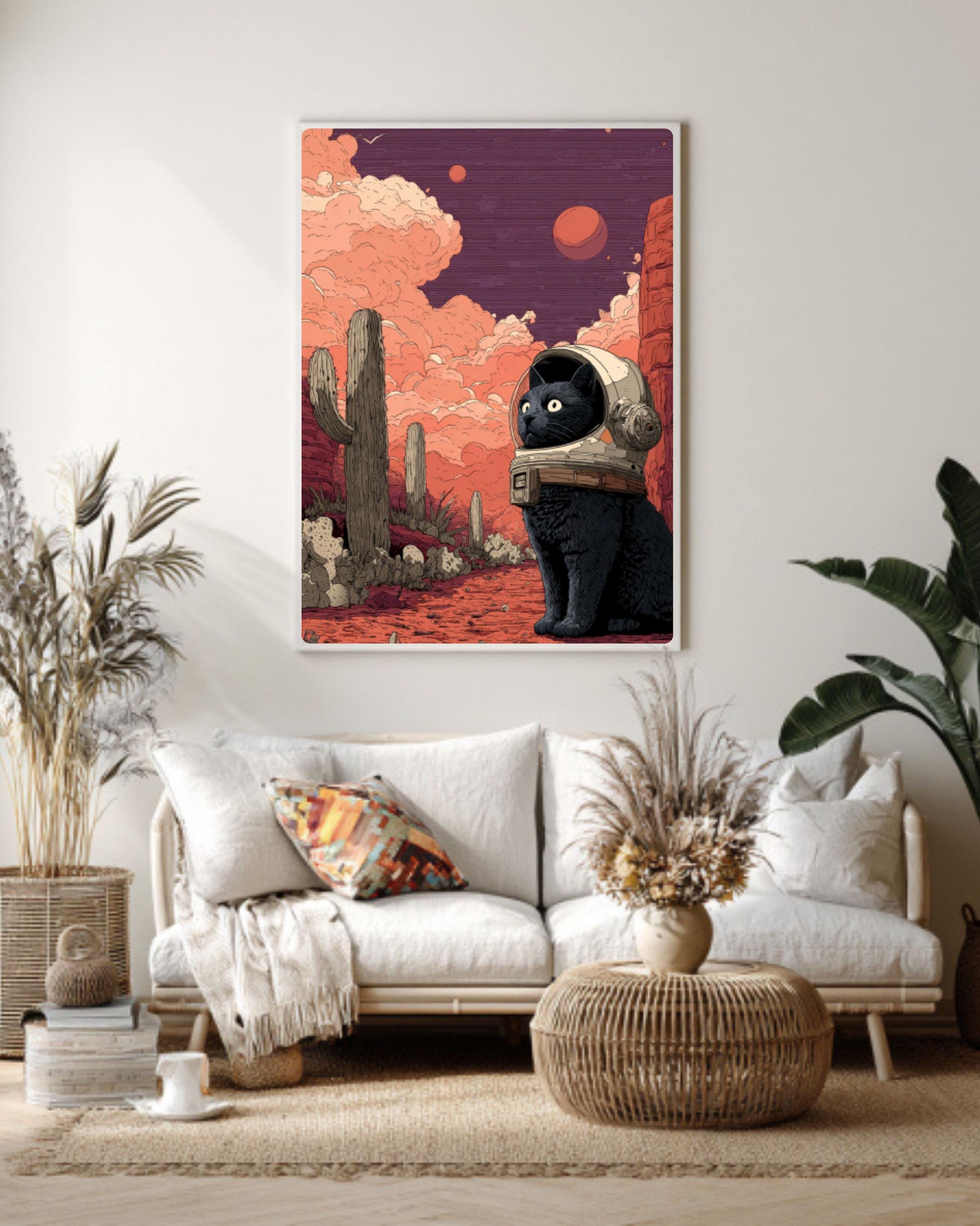 Black Cat Astronaut Art Print â€“ Cosmic Desert Illustration Canvas Wall Art Print – Premium Home Decor