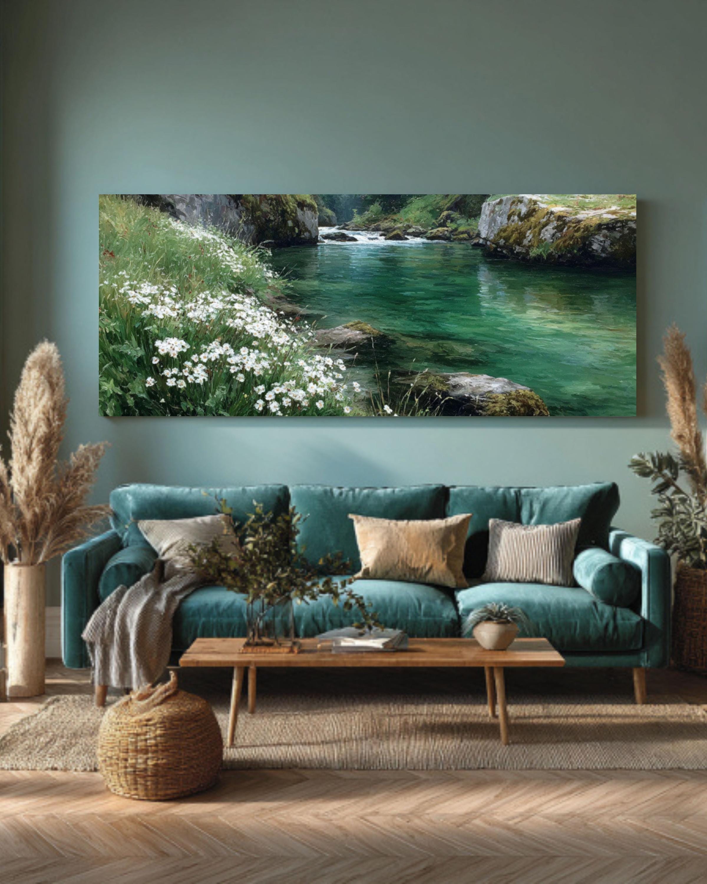 Riverbank Oil Painting â€“ White Flowers, Greenery Landscape Canvas Art Canvas Wall Art Print – Premium Home Decor