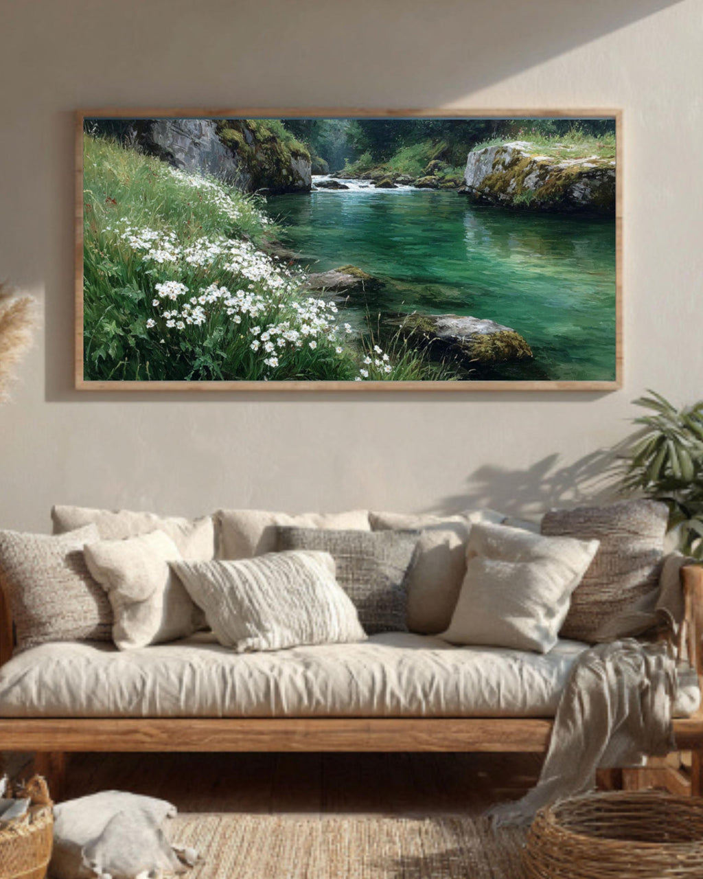 Riverbank Oil Painting â€“ White Flowers, Greenery Landscape Canvas Art Canvas Wall Art Print – Premium Home Decor