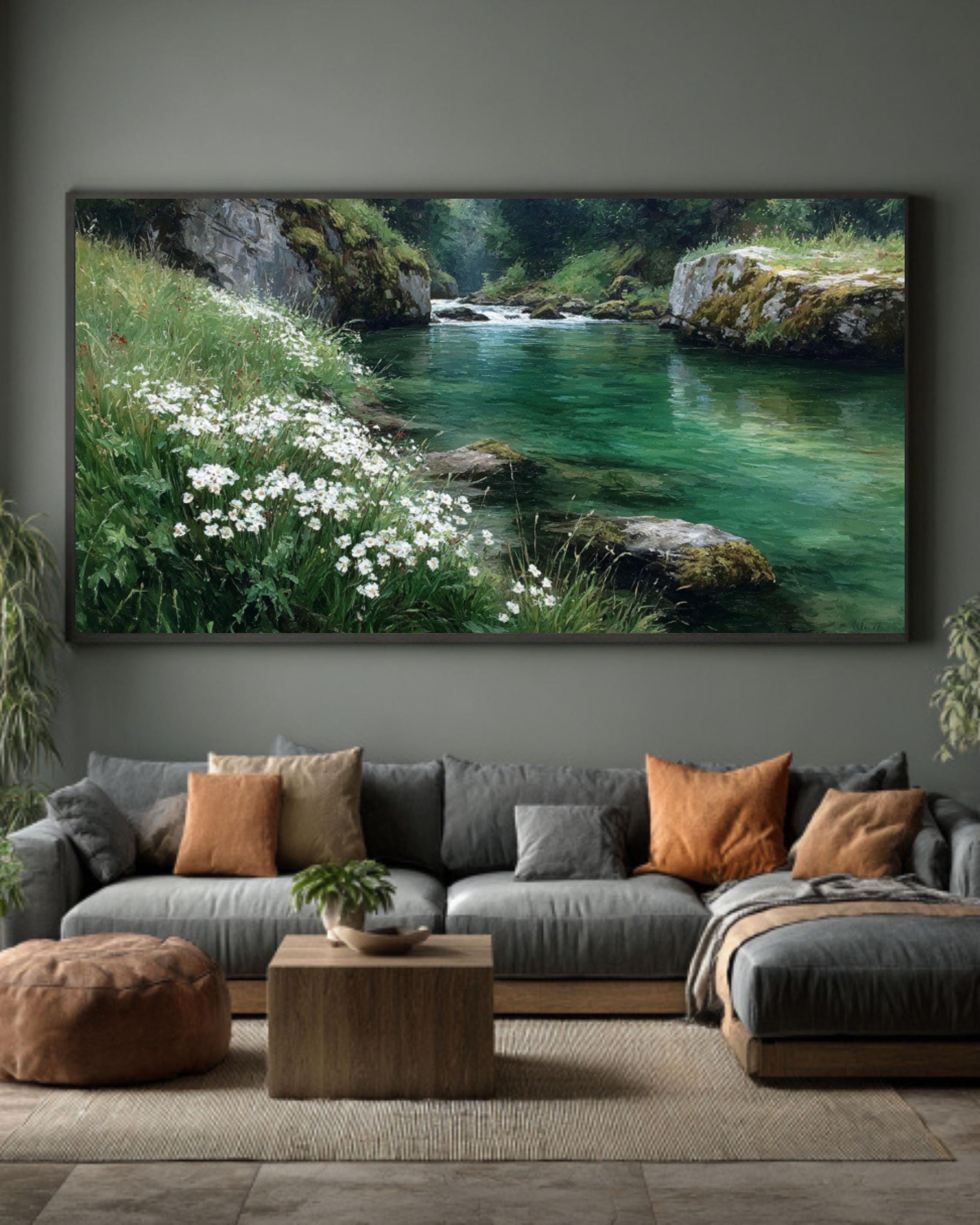 Riverbank Oil Painting â€“ White Flowers, Greenery Landscape Canvas Art Canvas Wall Art Print – Premium Home Decor