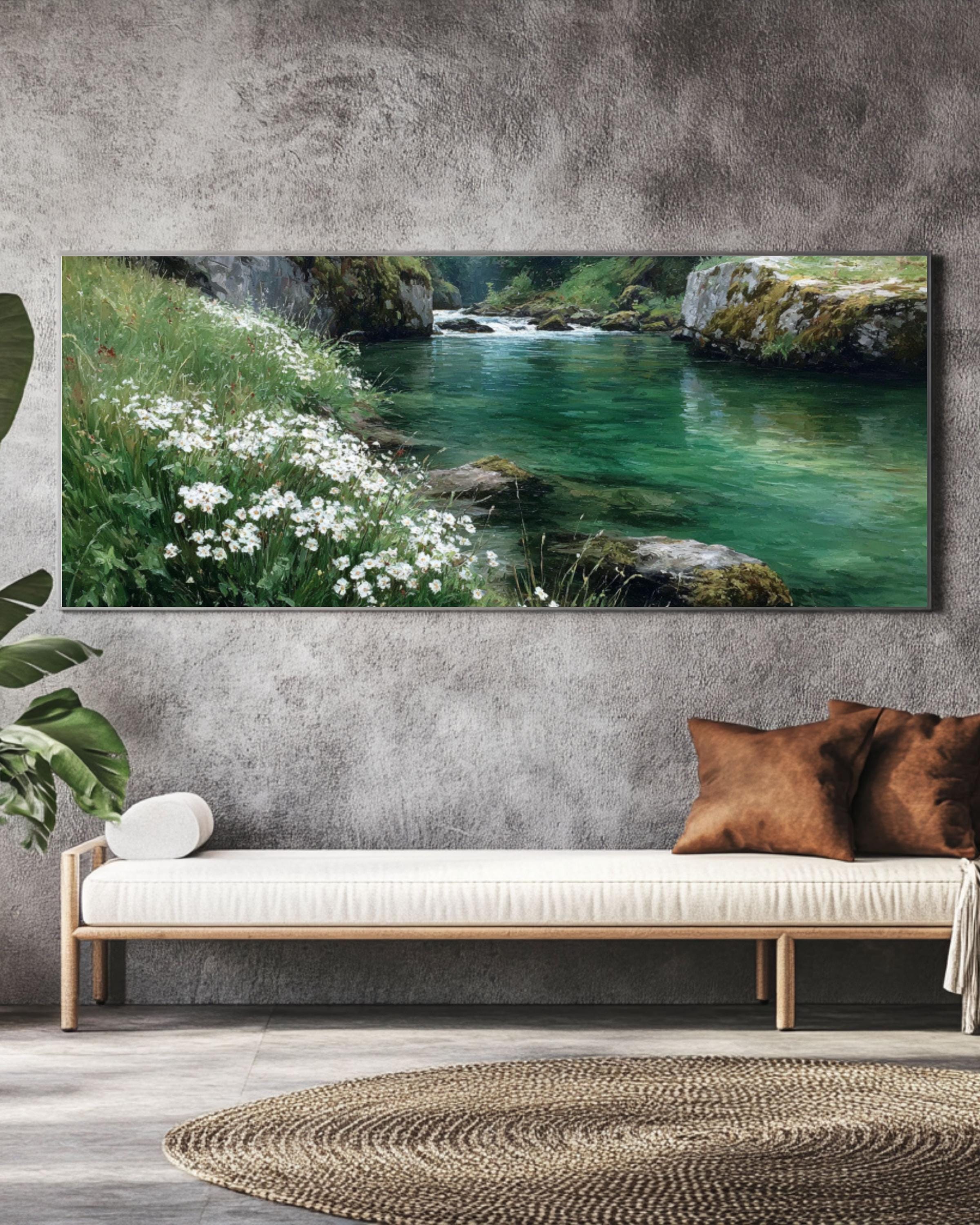Riverbank Oil Painting â€“ White Flowers, Greenery Landscape Canvas Art Canvas Wall Art Print – Premium Home Decor