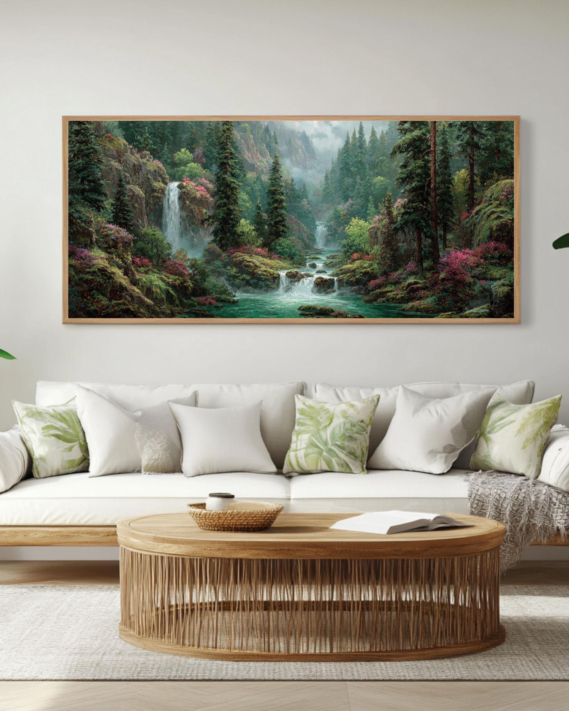 Fantasy Forest Waterfall Art – Surreal Landscape Wall Decor