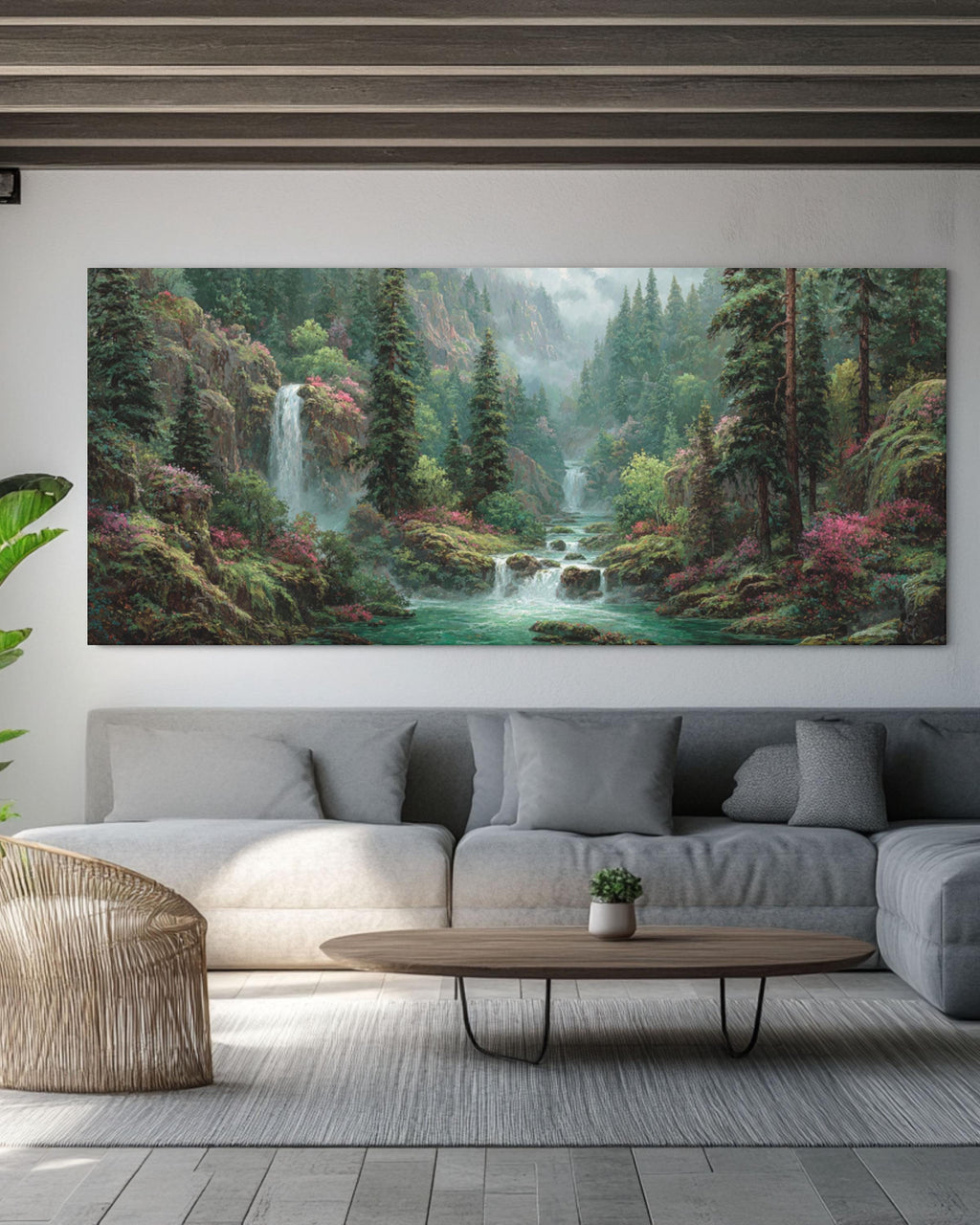 Fantasy Forest Waterfall Art – Surreal Landscape Wall Decor