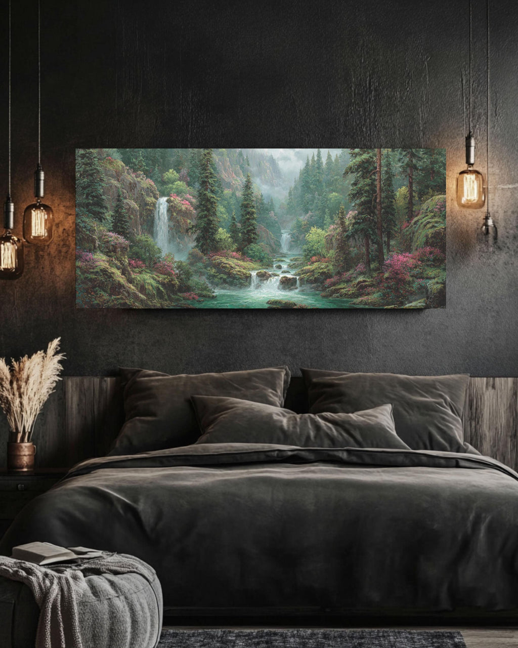Fantasy Forest Waterfall Art – Surreal Landscape Wall Decor