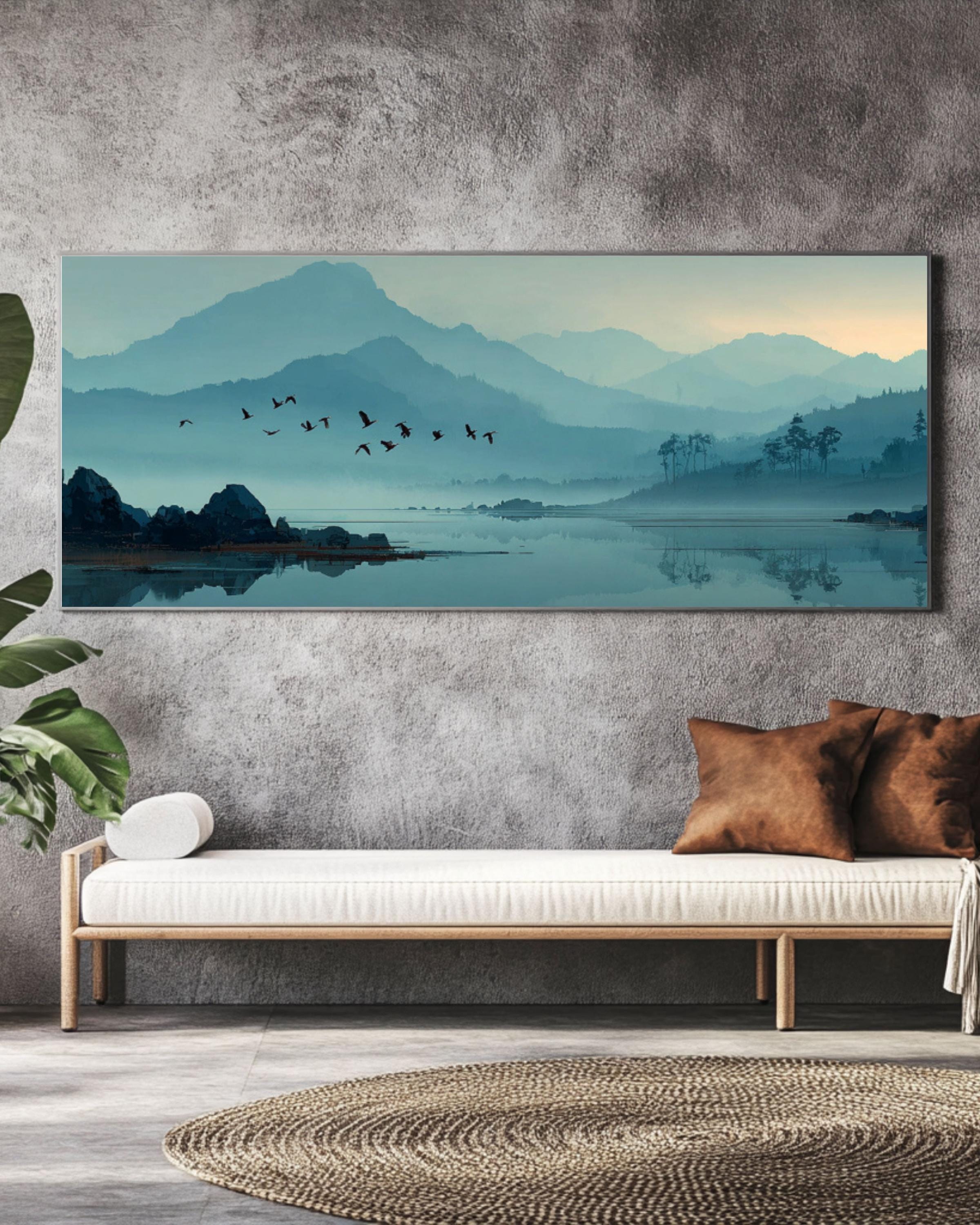 Minimalist Lake and Birds Art â€“ Zen Foggy Mountain Canvas Print Canvas Wall Art Print – Premium Home Decor