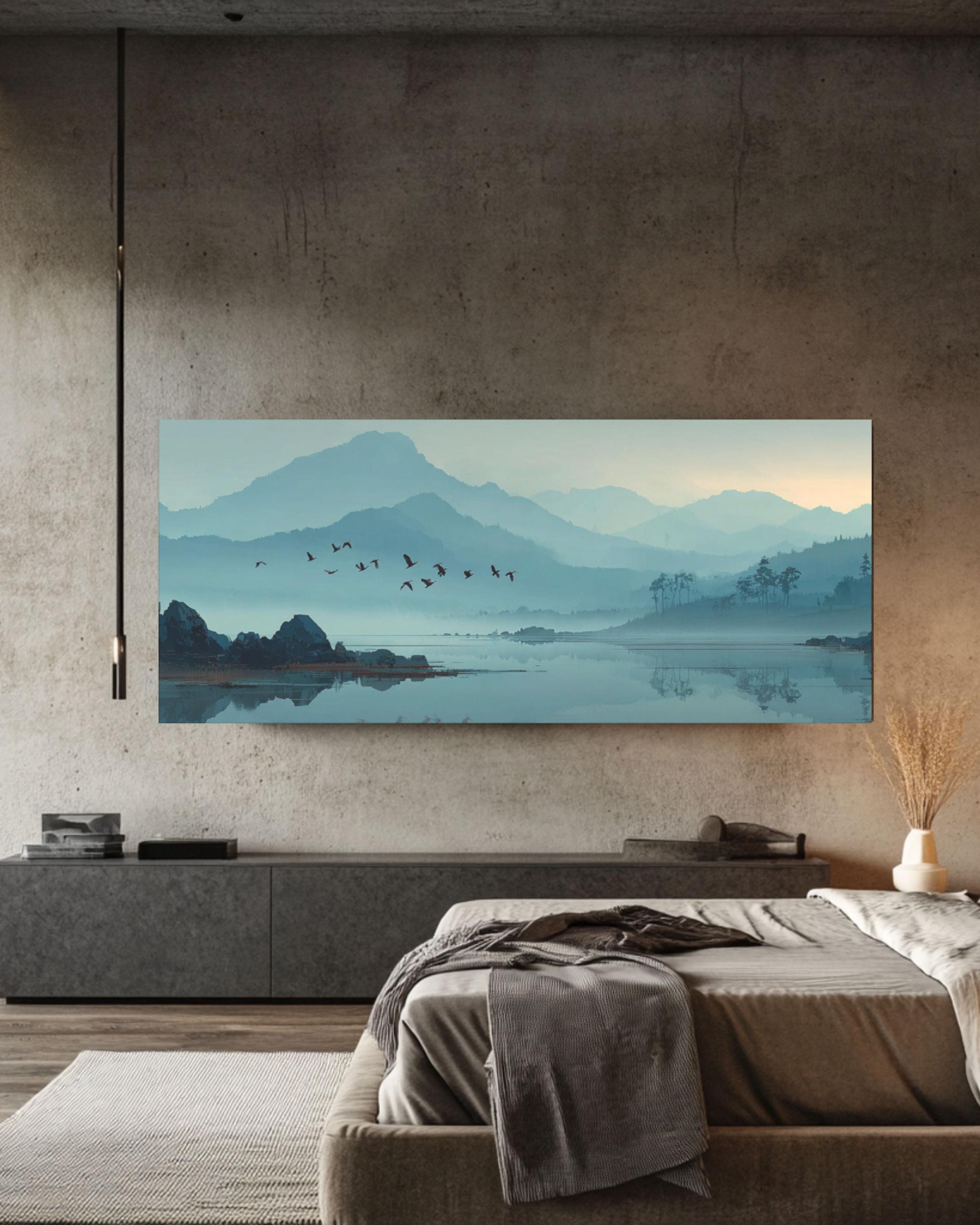 Minimalist Lake and Birds Art â€“ Zen Foggy Mountain Canvas Print Canvas Wall Art Print – Premium Home Decor