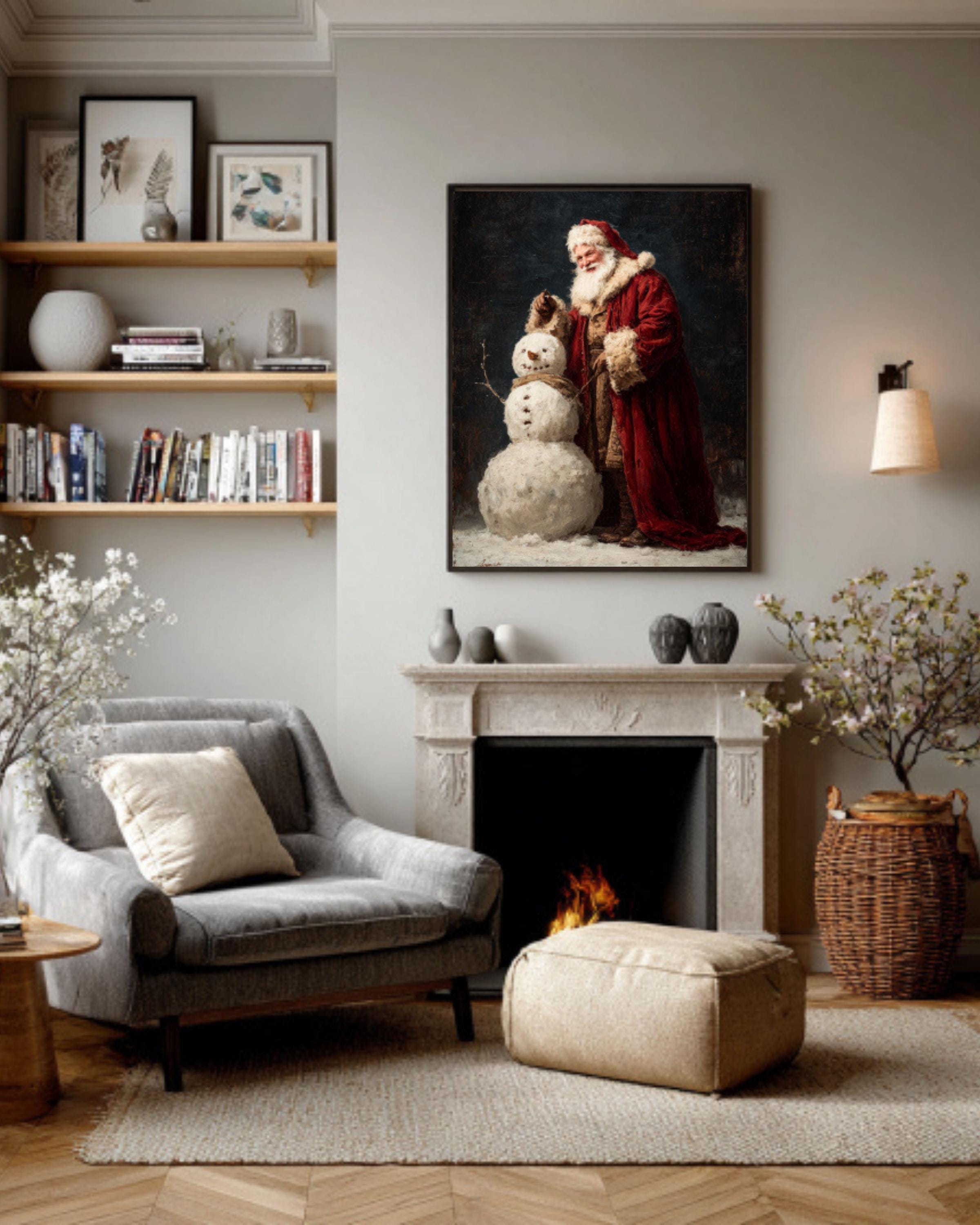 Vintage Santa Snowman Painting - Dark Academia Christmas Canvas or Framed Print Canvas Wall Art Print – Premium Home Decor