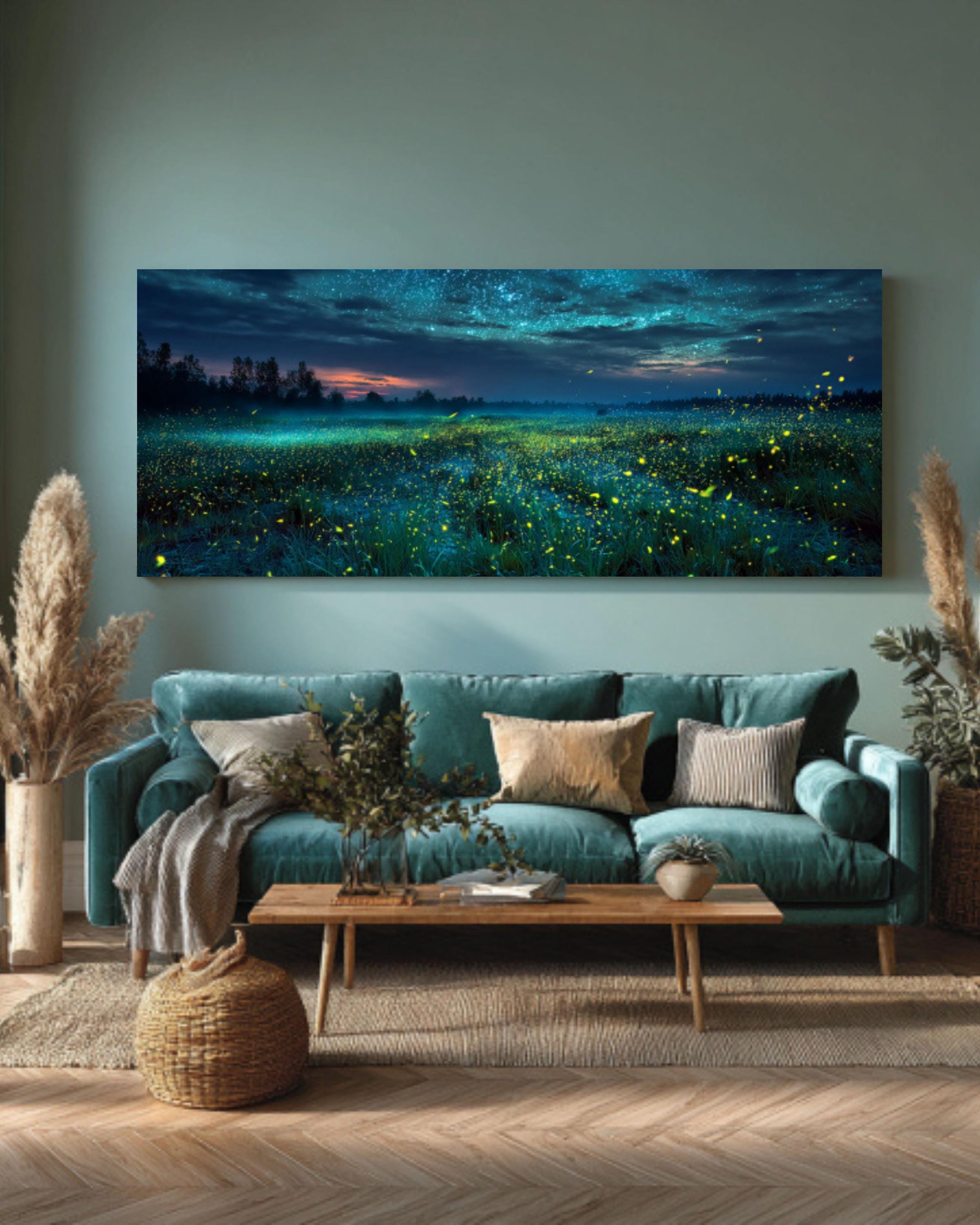 Starry Night Firefly Field – Magical Landscape Canvas or Framed Wall Art