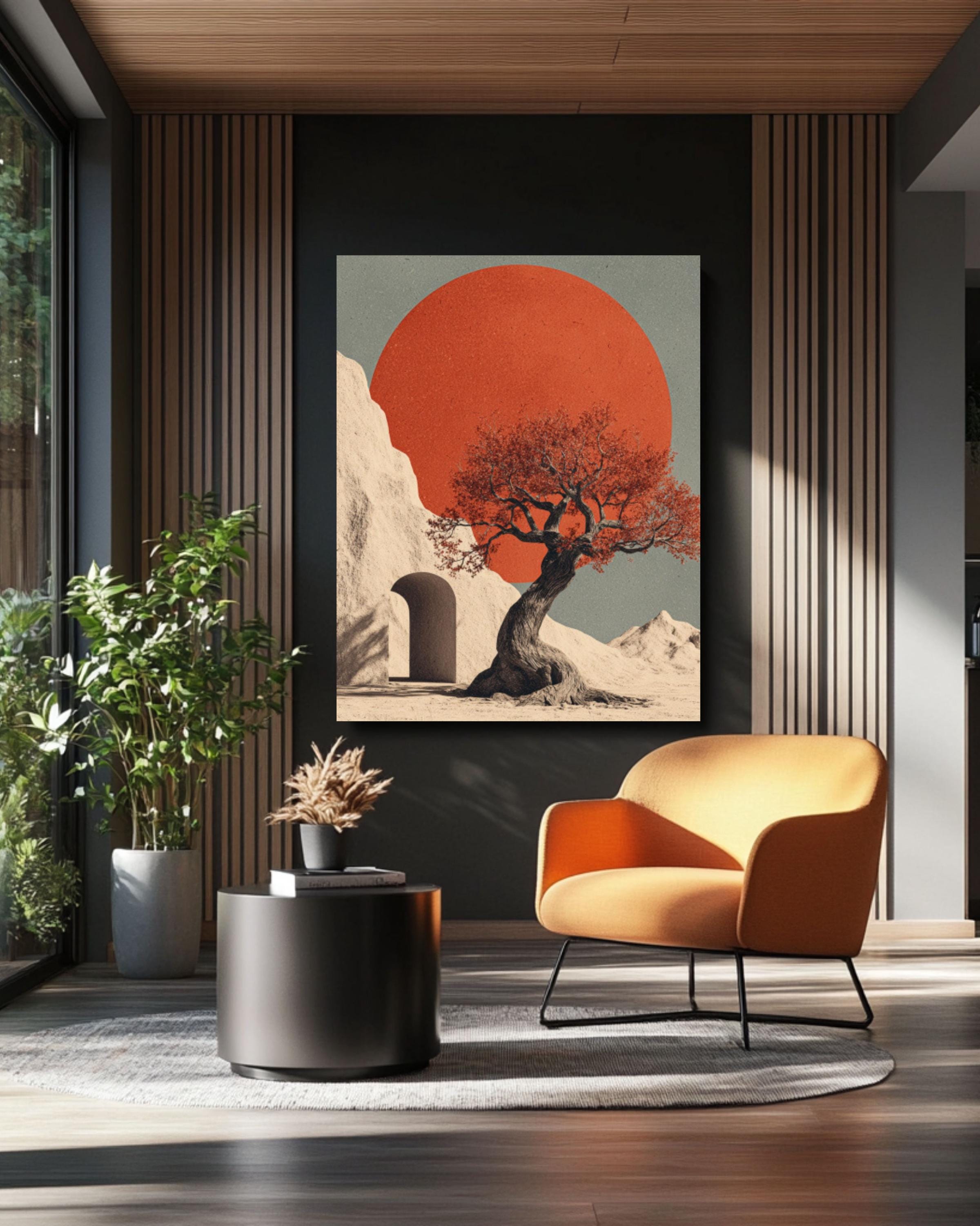 Minimalist Tree & Red Sun Art Print â€“ Beige Surreal Landscape Canvas Wall Art Print – Premium Home Decor