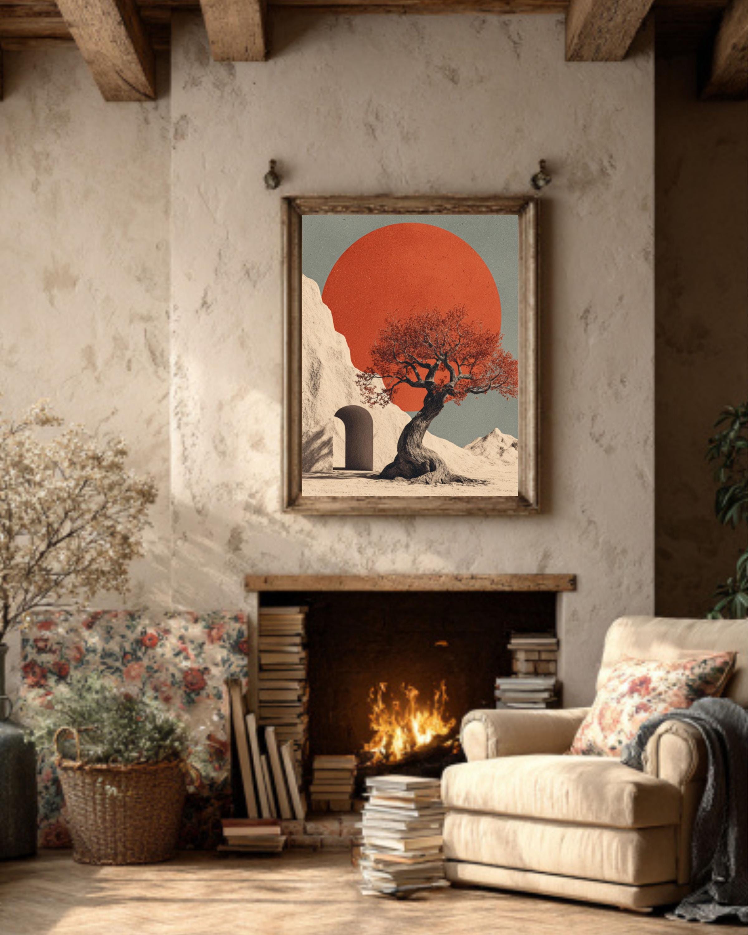 Minimalist Tree & Red Sun Art Print â€“ Beige Surreal Landscape Canvas Wall Art Print – Premium Home Decor