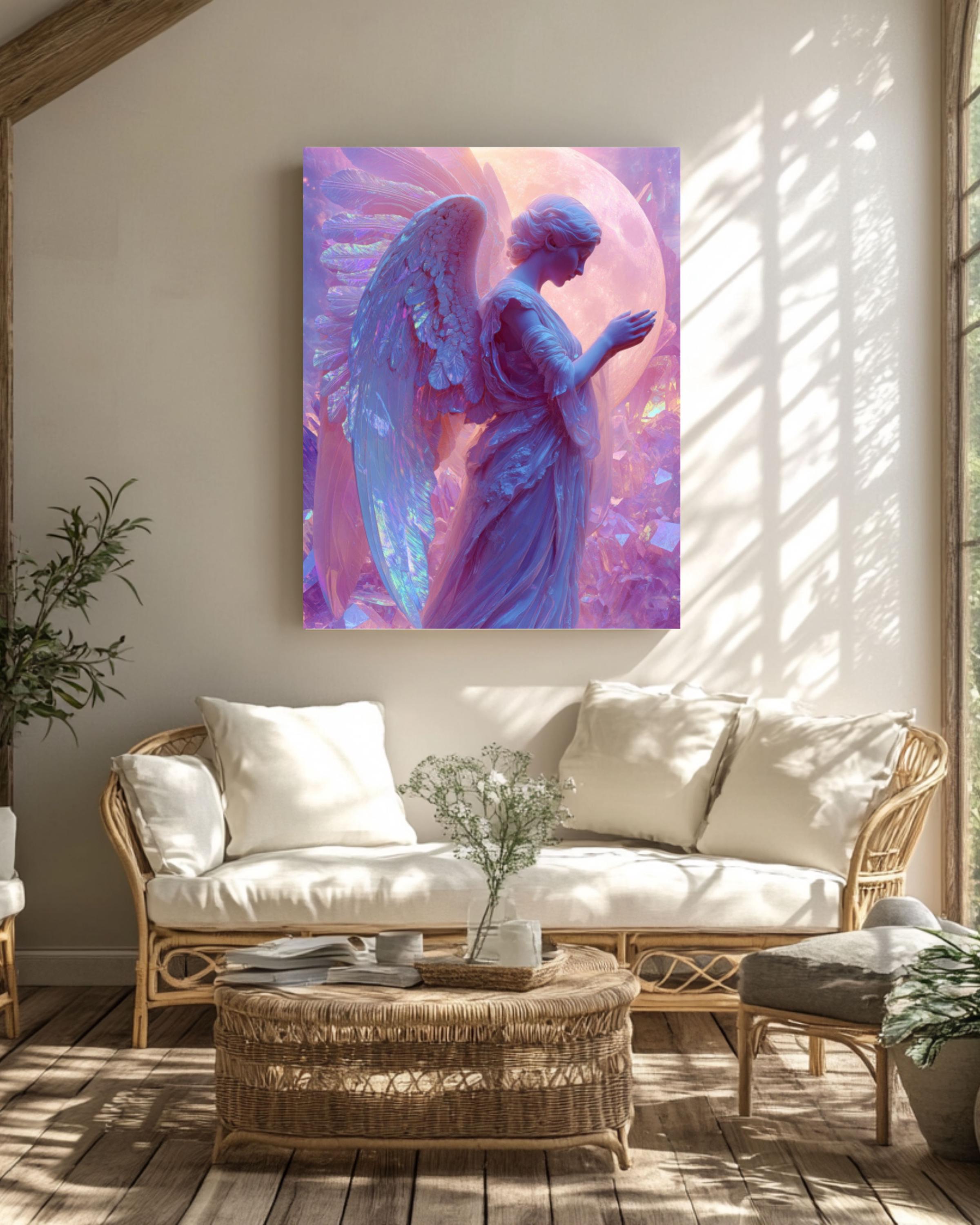 Holographic Angel Print – Iridescent Wings, Moonlit Crystals Collage
