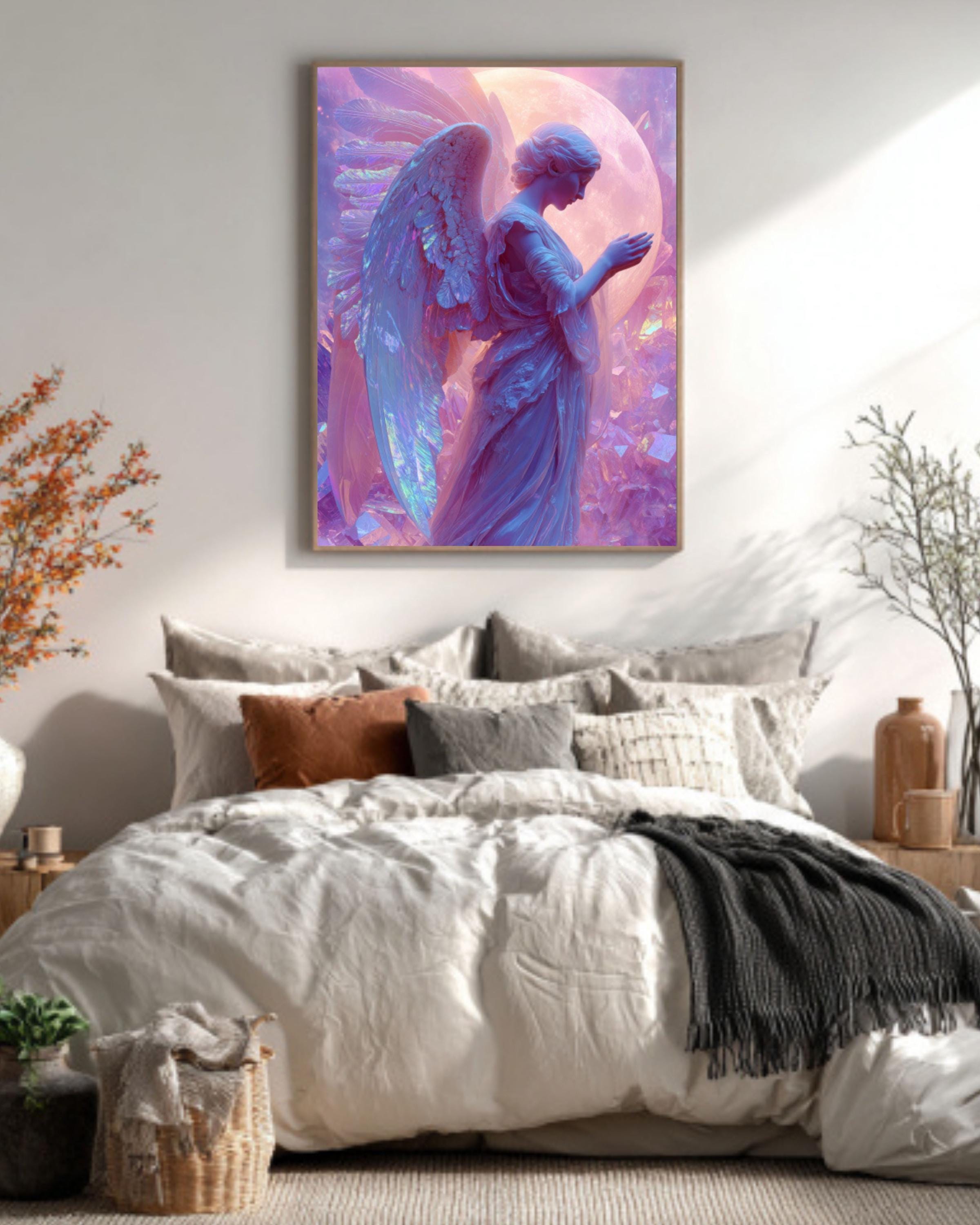 Holographic Angel Print – Iridescent Wings, Moonlit Crystals Collage