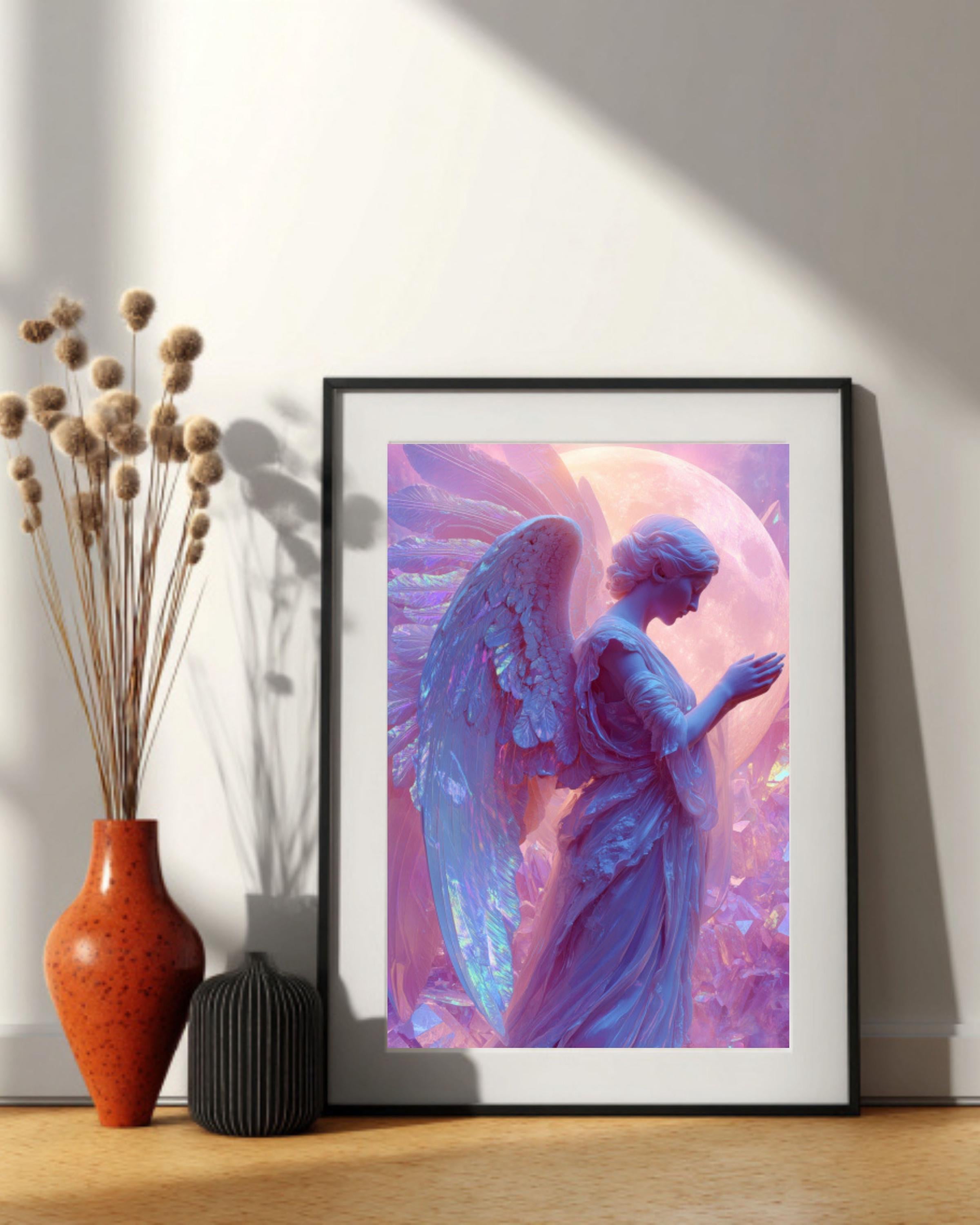 Holographic Angel Print – Iridescent Wings, Moonlit Crystals Collage