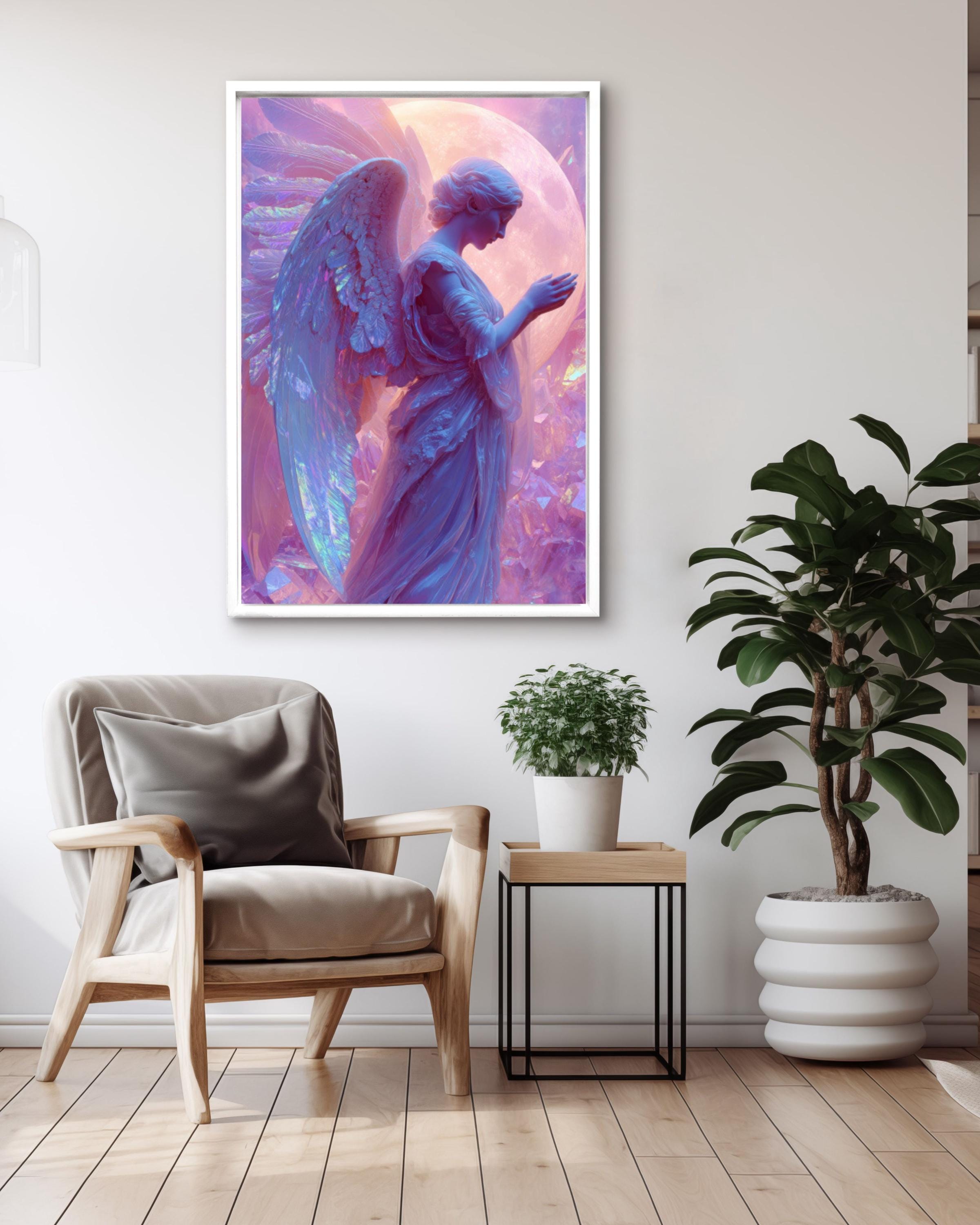holographic angel art print iridescent wings moonlit crystals
