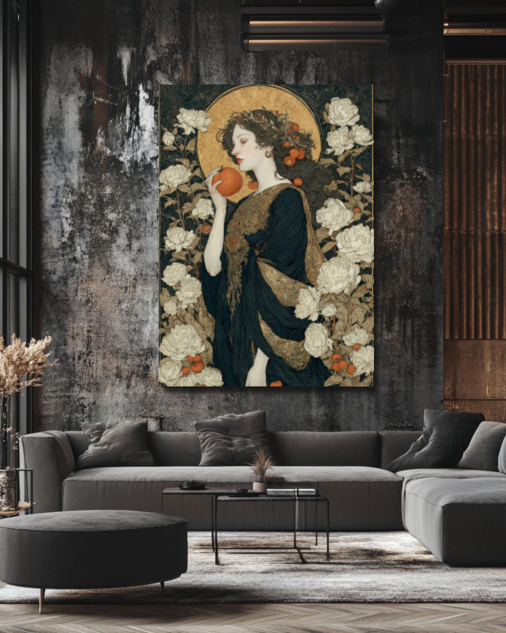 Goddess with Apple Print | Mythical Woman, Gold Halo Canvas Art