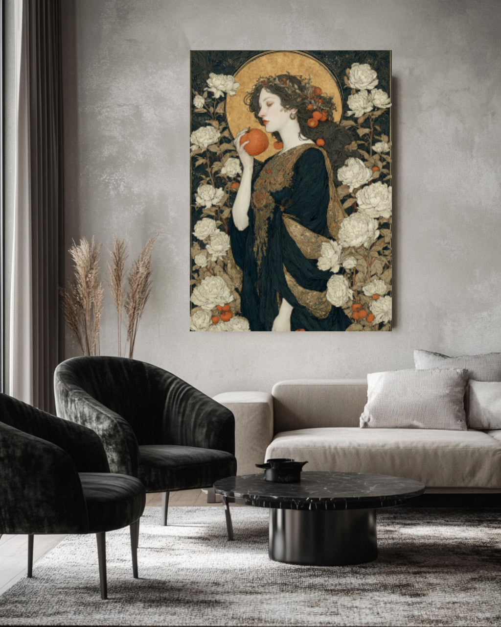 Goddess with Apple Print | Mythical Woman, Gold Halo Canvas Art