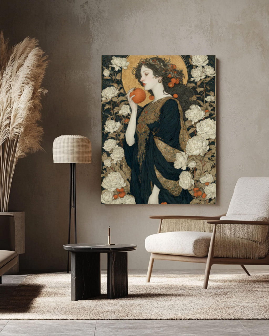 Goddess with Apple Print | Mythical Woman, Gold Halo Canvas Art