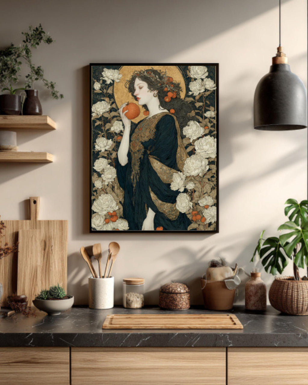 Goddess with Apple Print | Mythical Woman, Gold Halo Canvas Art