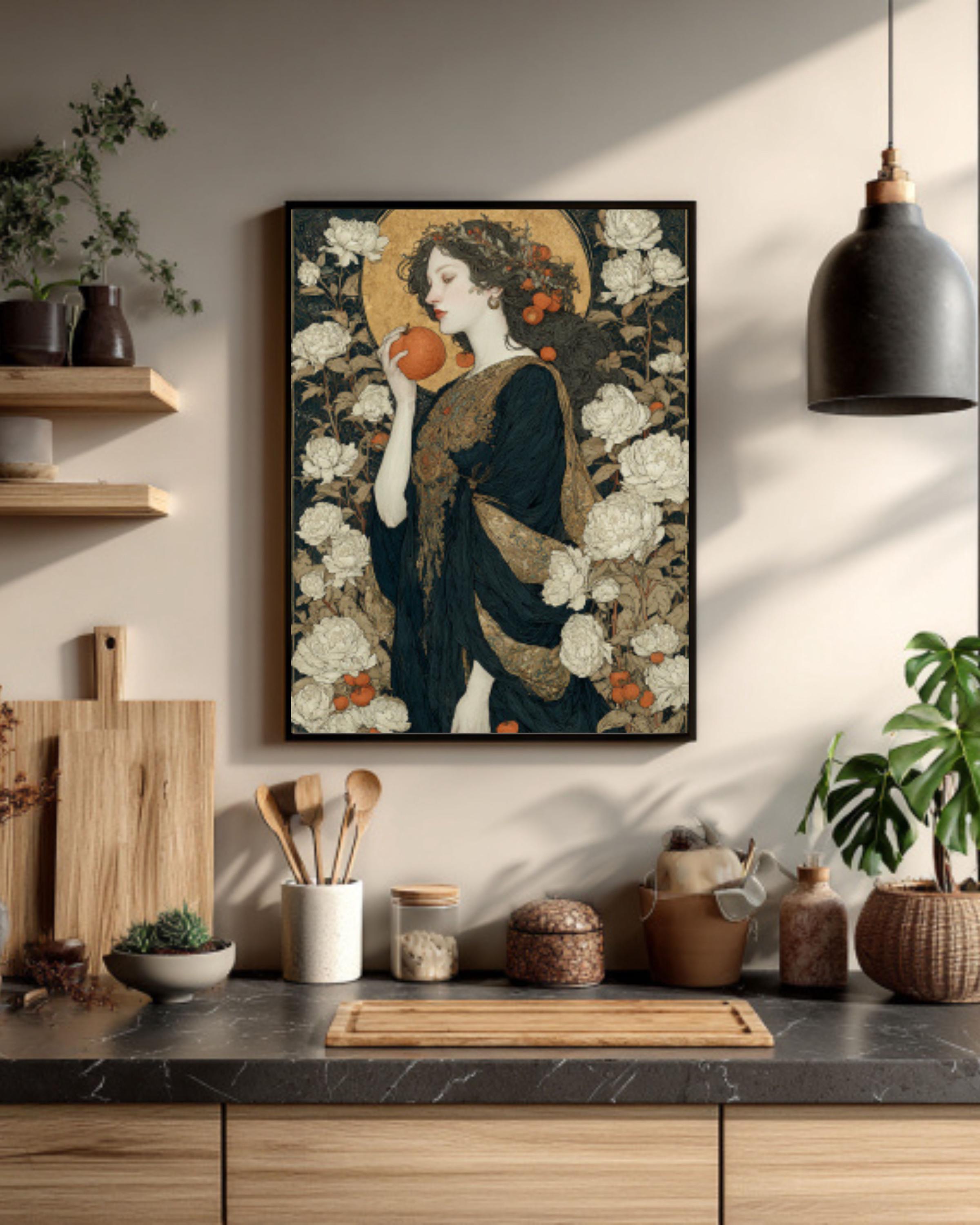 Goddess with Apple Print | Mythical Woman, Gold Halo Canvas Art