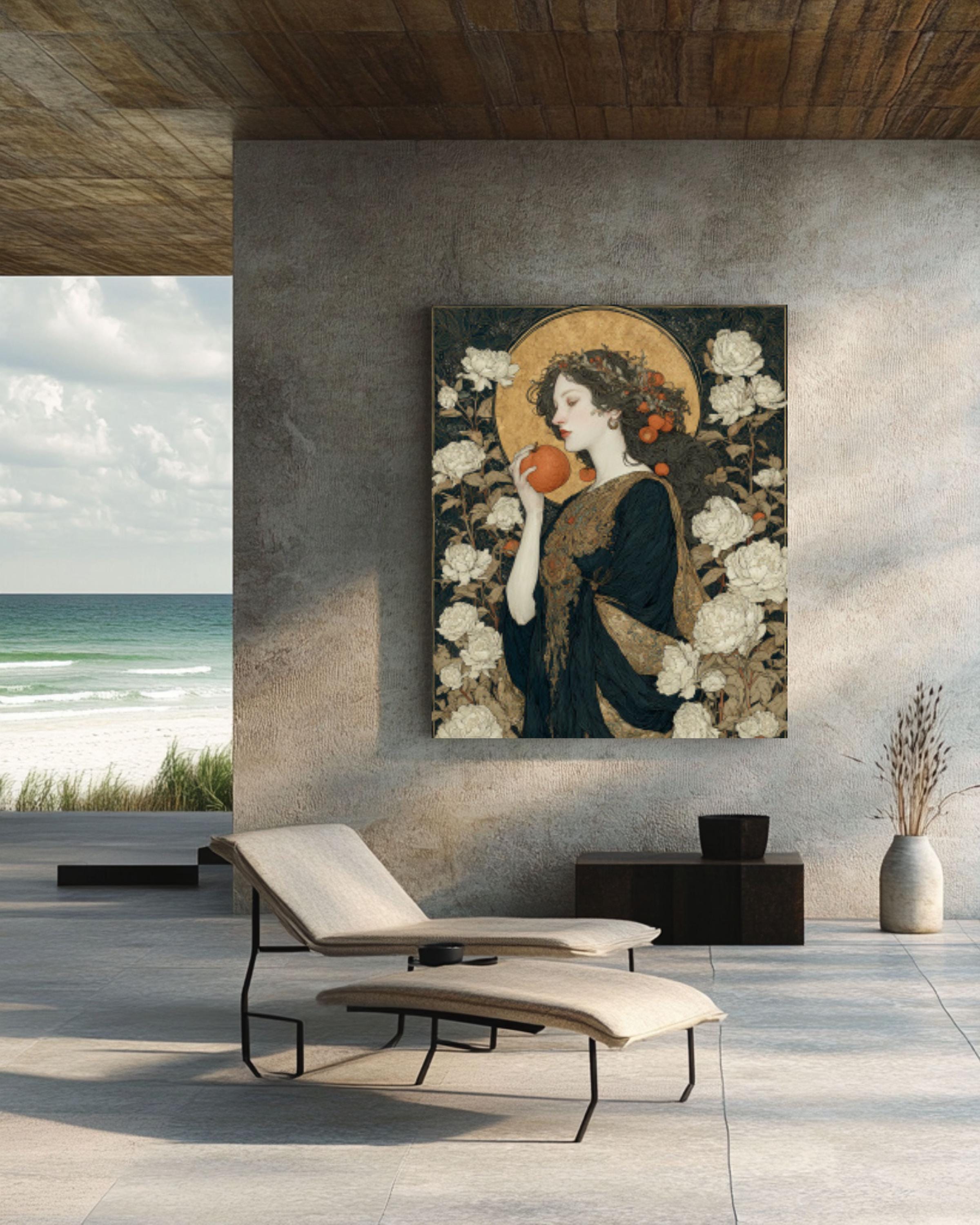Goddess with Apple Print | Mythical Woman, Gold Halo Canvas Art