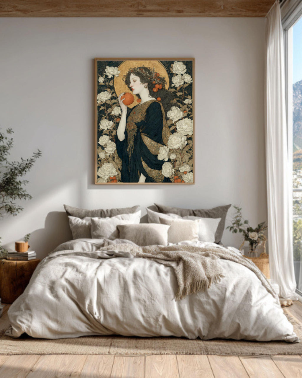 Goddess with Apple Print | Mythical Woman, Gold Halo Canvas Art