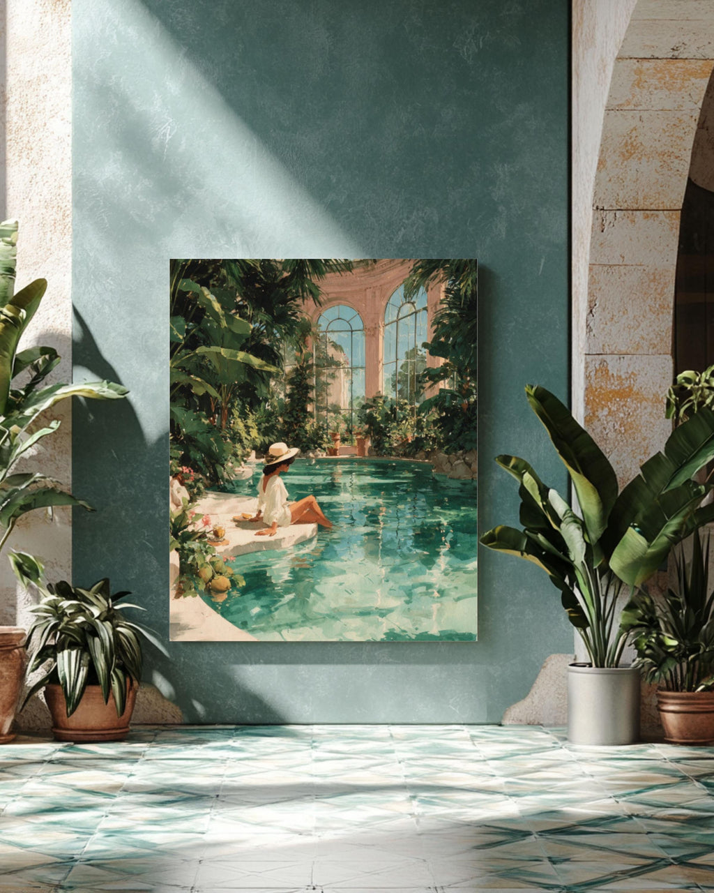 Tropical Woman Pool Art Print | Watercolor Mansion Scene, Boho Decor