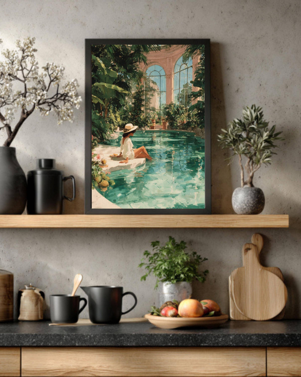 Tropical Woman Pool Art Print | Watercolor Mansion Scene, Boho Decor