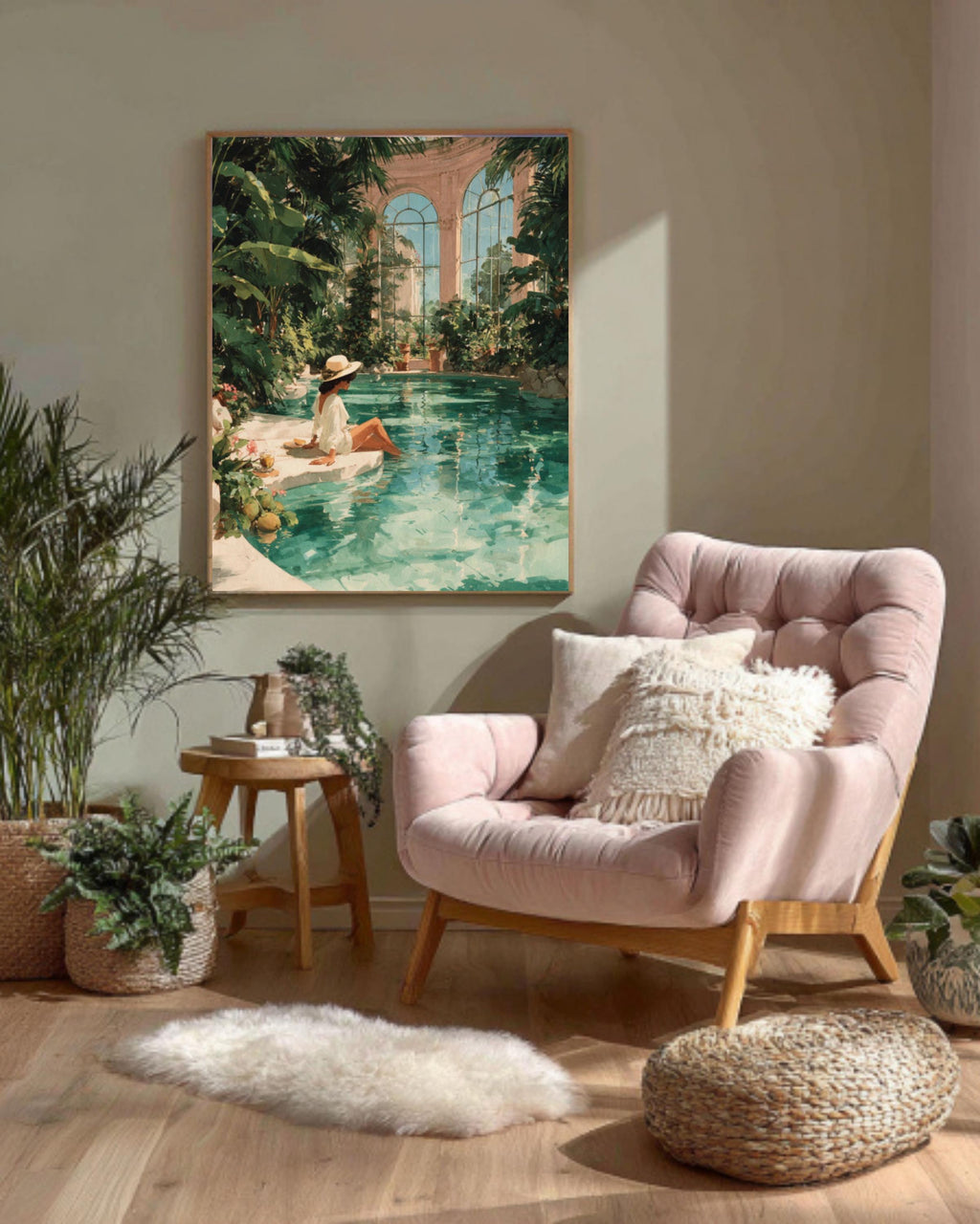 Tropical Woman Pool Art Print | Watercolor Mansion Scene, Boho Decor