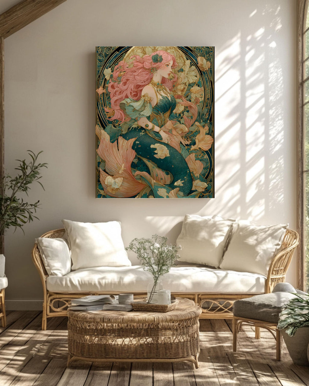 Victorian Mermaid Art Nouveau Canvas | Pink-Haired Siren, Underwater Fantasy