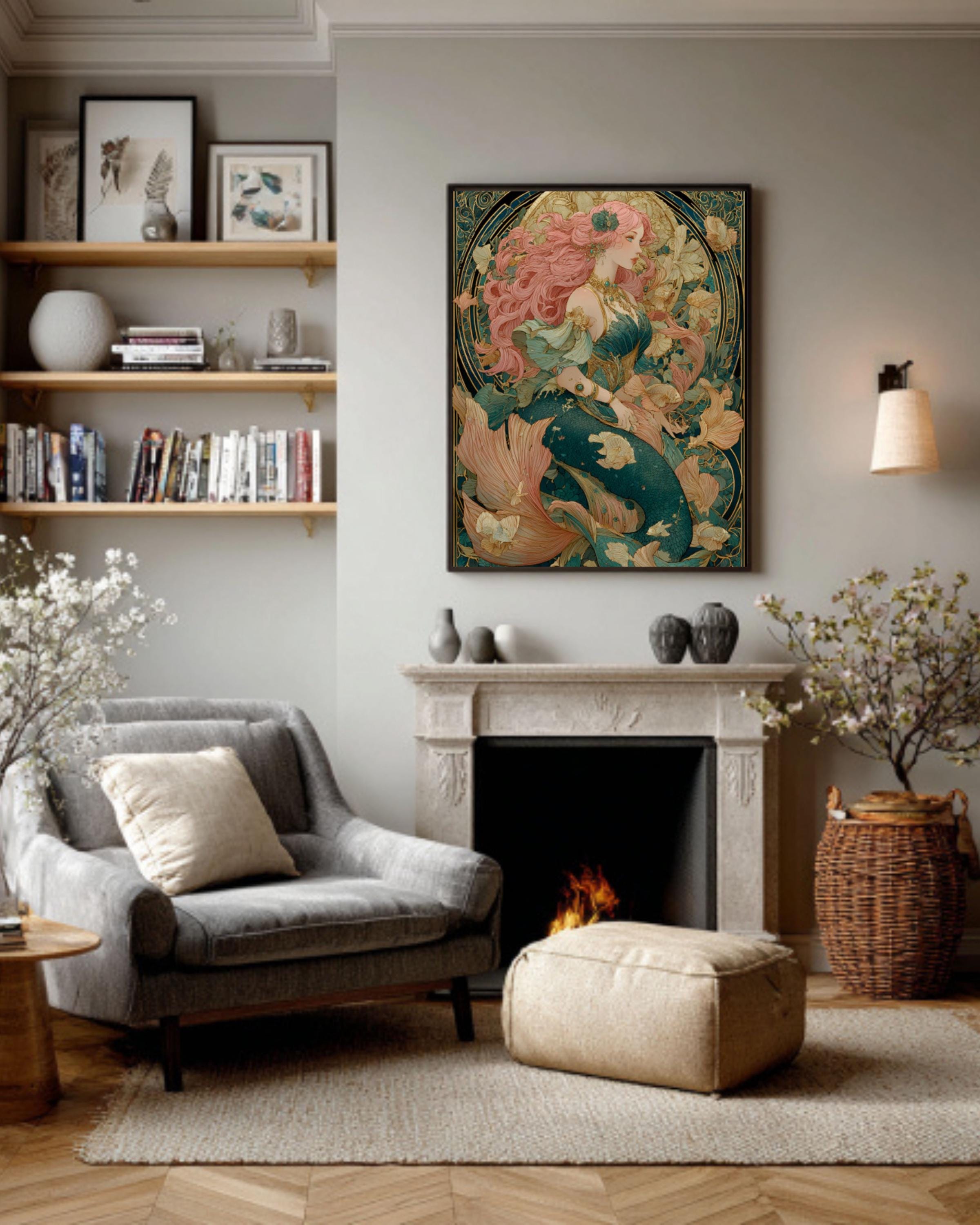 Victorian Mermaid Art Nouveau Canvas | Pink-Haired Siren, Underwater Fantasy