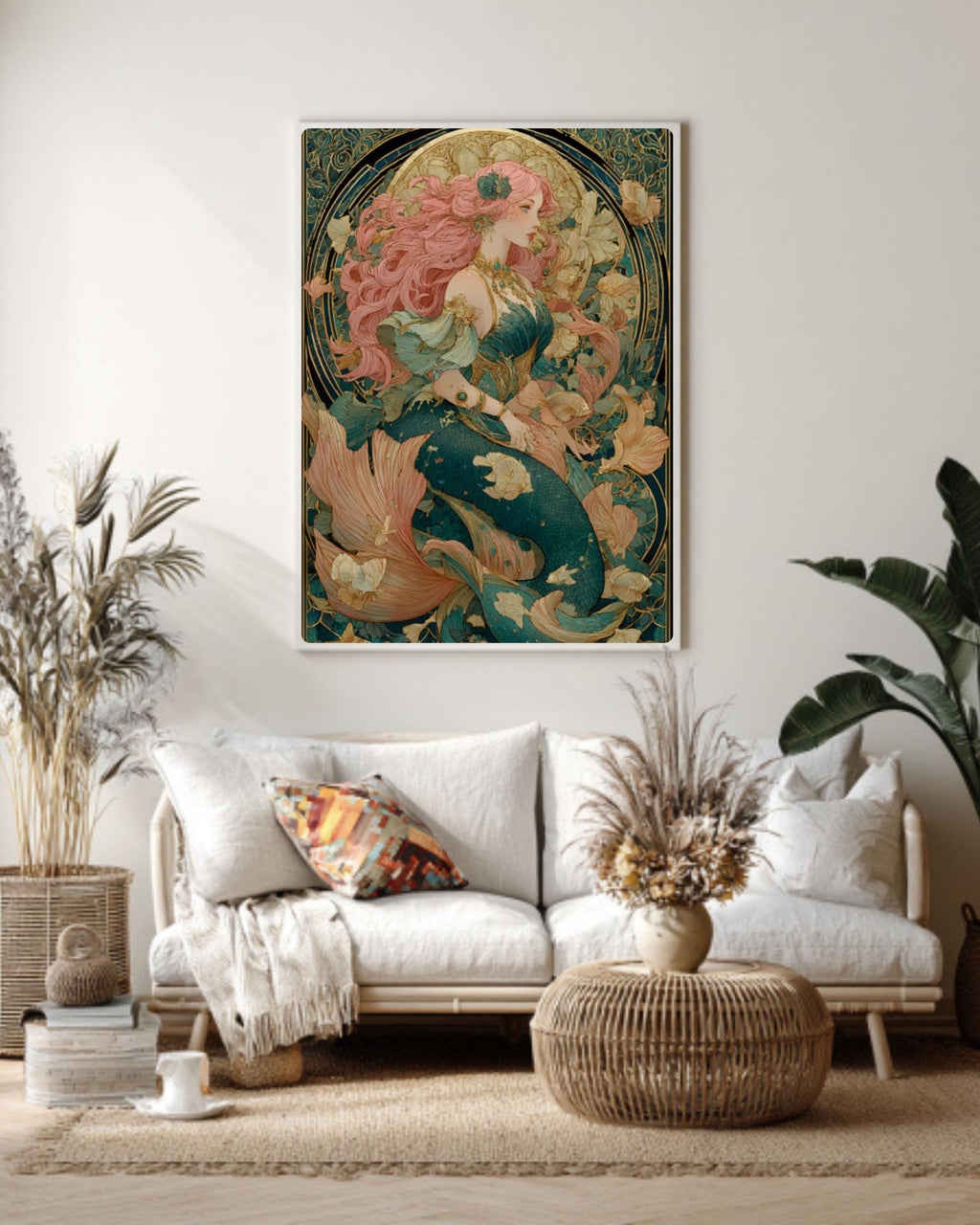 Victorian Mermaid Art Nouveau Canvas | Pink-Haired Siren, Underwater Fantasy