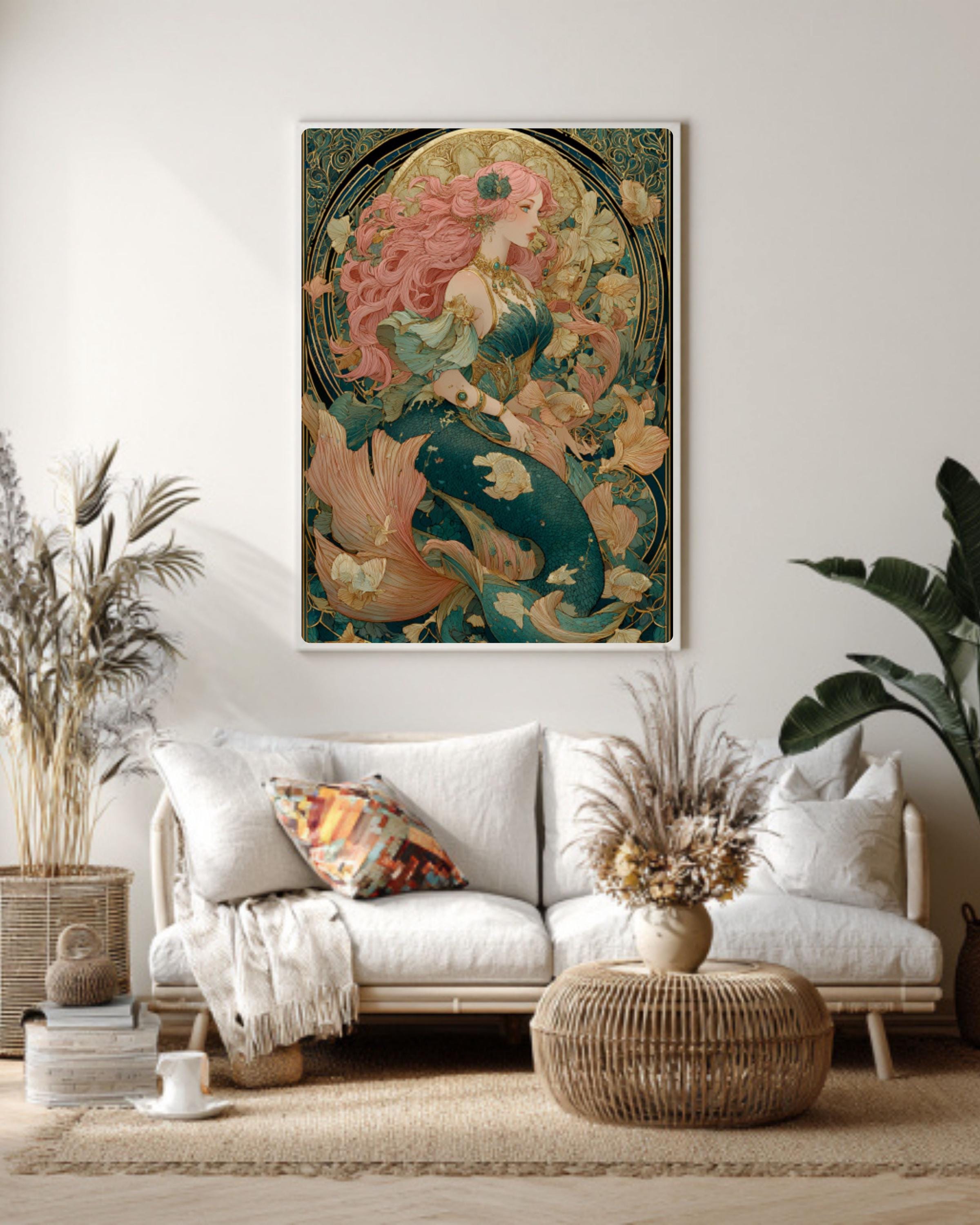 Victorian Mermaid Art Nouveau Canvas | Pink-Haired Siren, Underwater Fantasy