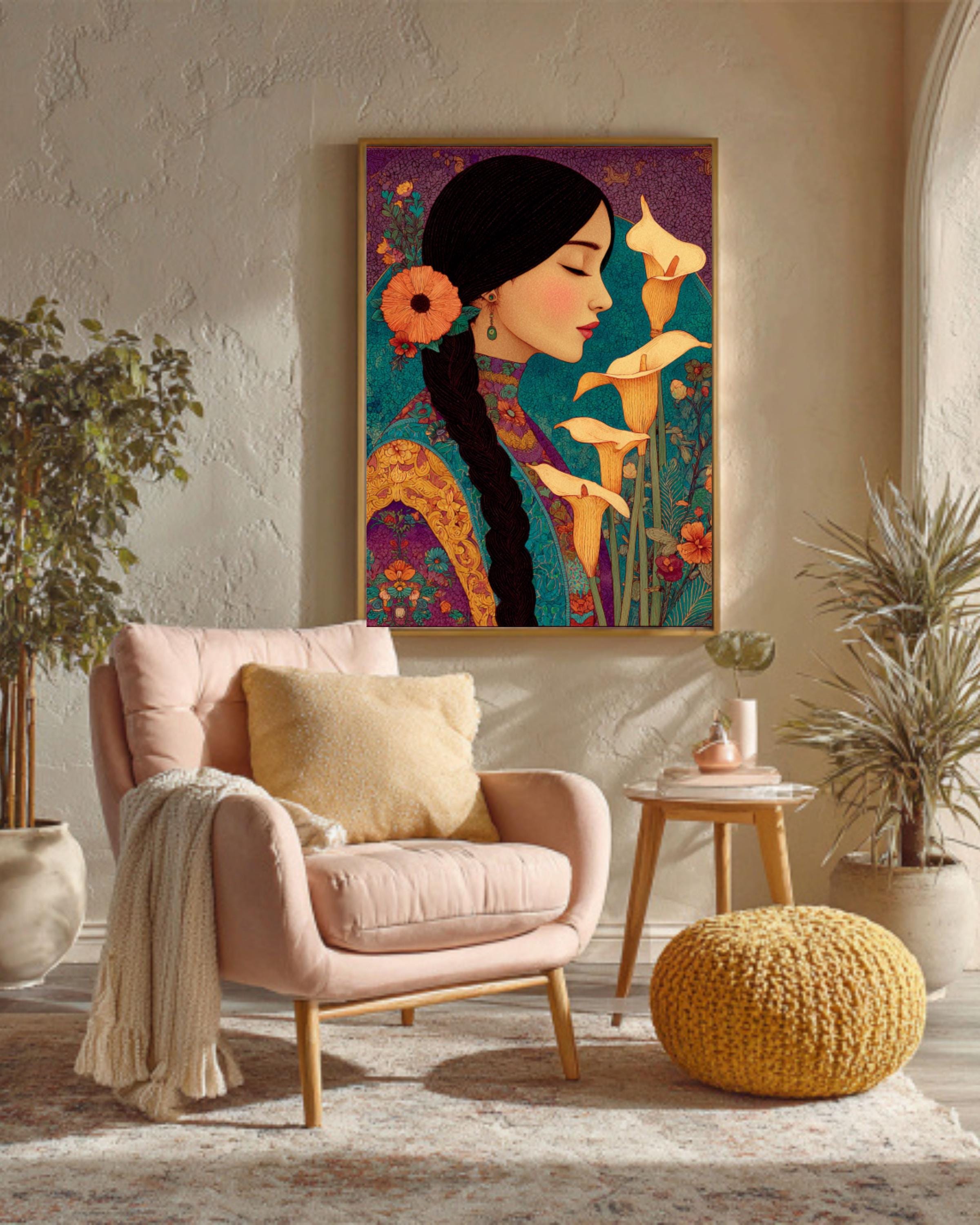 Mexican Woman Calla Lilies Canvas | Laurel Burch Style Latin Art