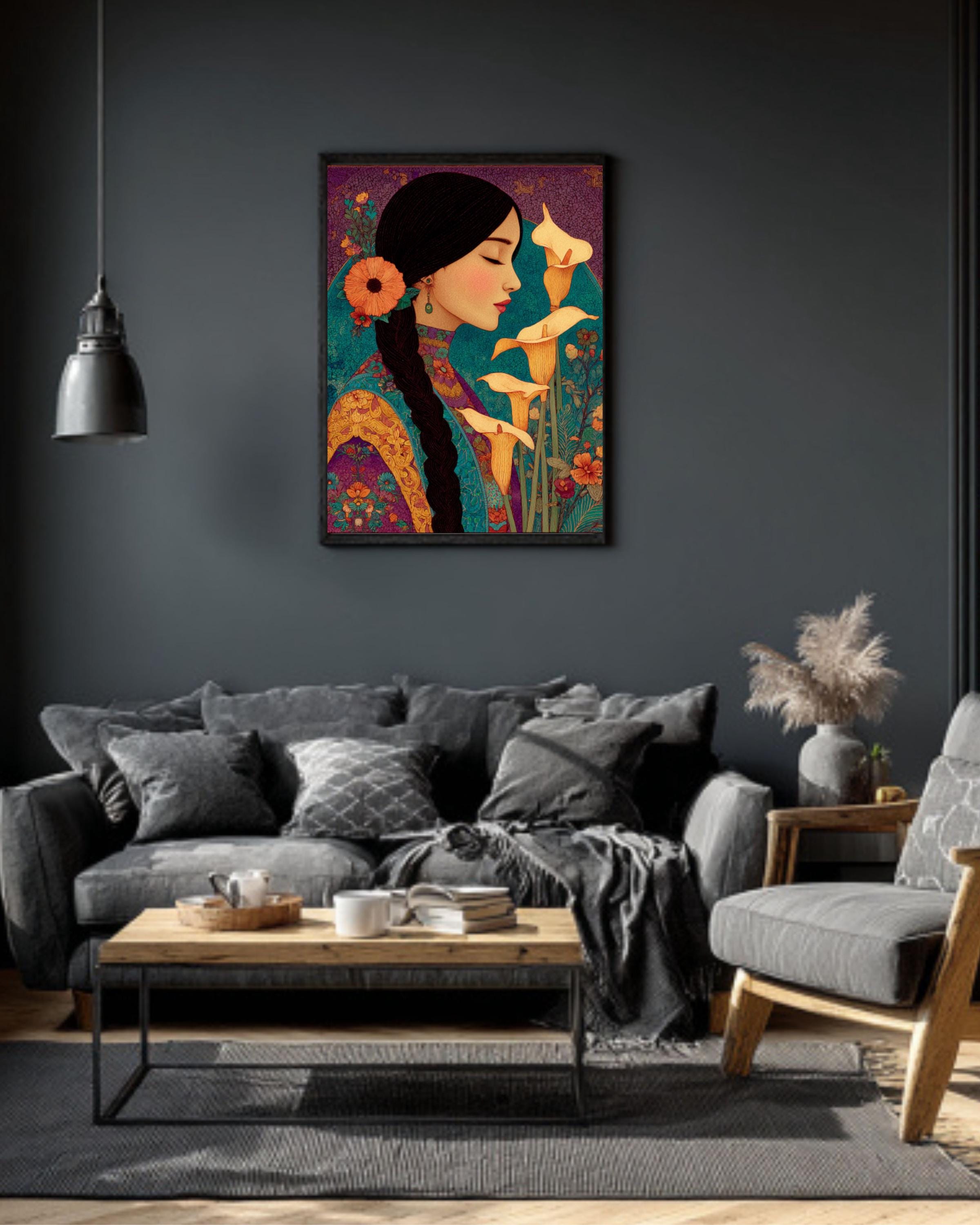 Mexican Woman Calla Lilies Canvas | Laurel Burch Style Latin Art